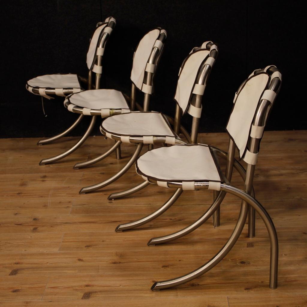 Tetrark Design Bazzani 20th Century 4 Steel And White Fabric 4 Italian Chairs 6