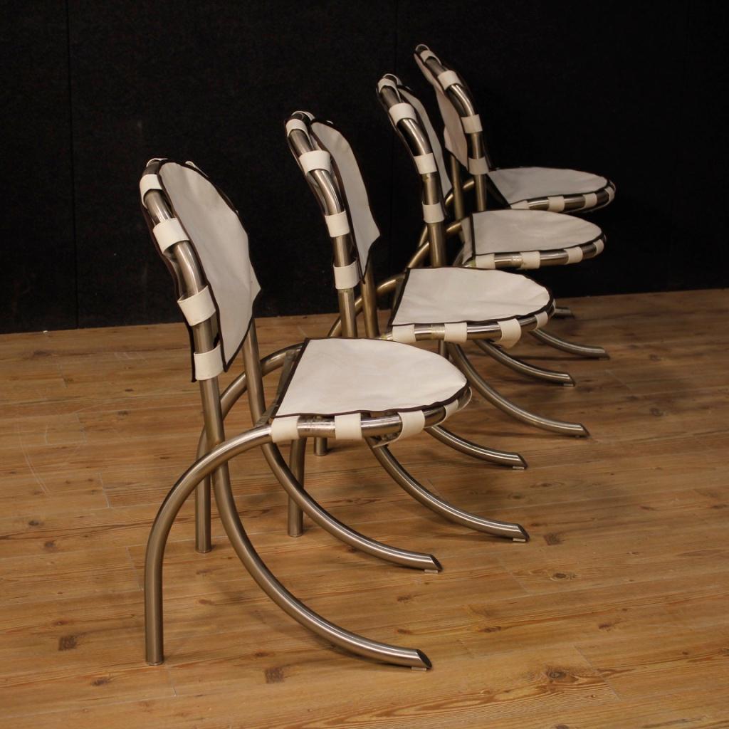 Tetrark Design Bazzani 20th Century 4 Steel And White Fabric 4 Italian Chairs 4