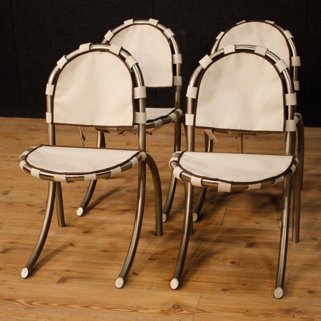 Tetrark Design Bazzani 20th Century 4 Steel And White Fabric 4 Italian Chairs 5