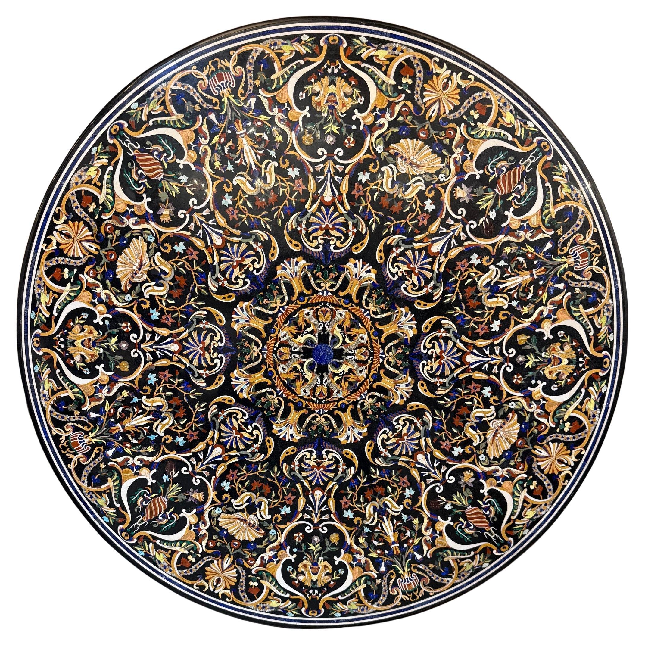 20th Century 59" Round Pietra Dura Table Top Inlaid with Semi-Precious Stones