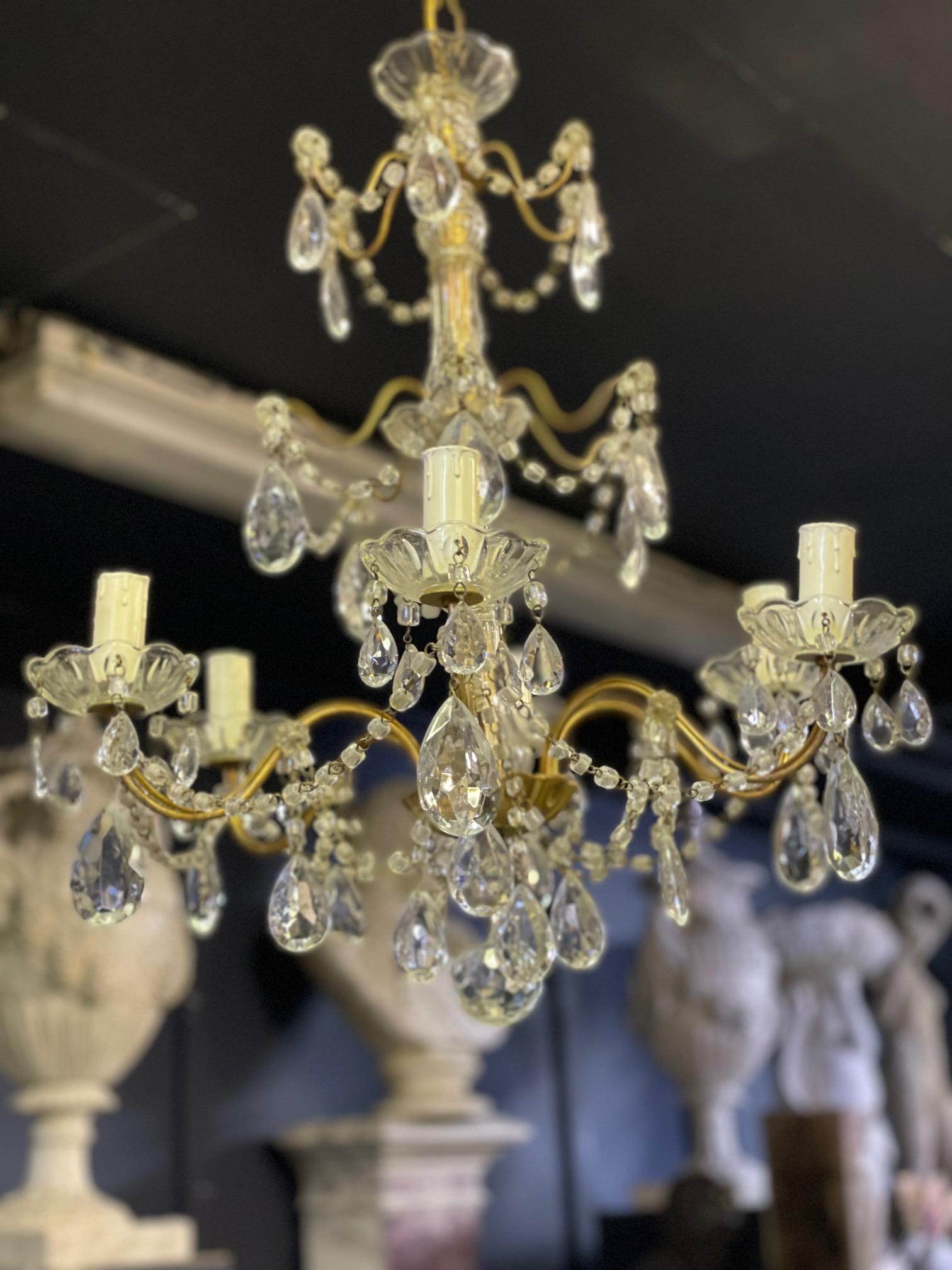 20th Century 6 Armed Italian Chandelier with Glass and Gold Frame In Good Condition For Sale In Bagshot, GB