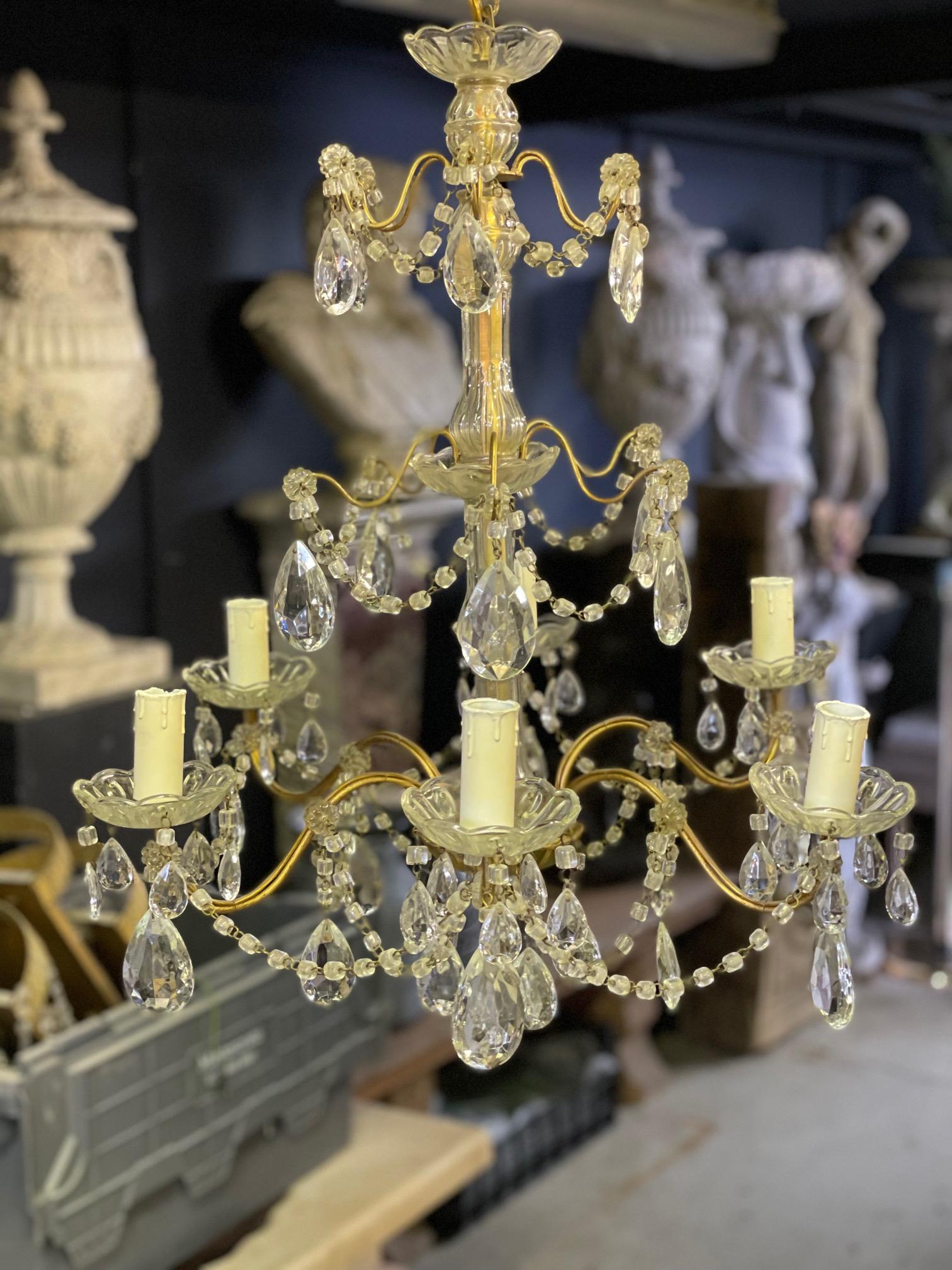 20th Century 6 Armed Italian Chandelier with Glass and Gold Frame For Sale 2
