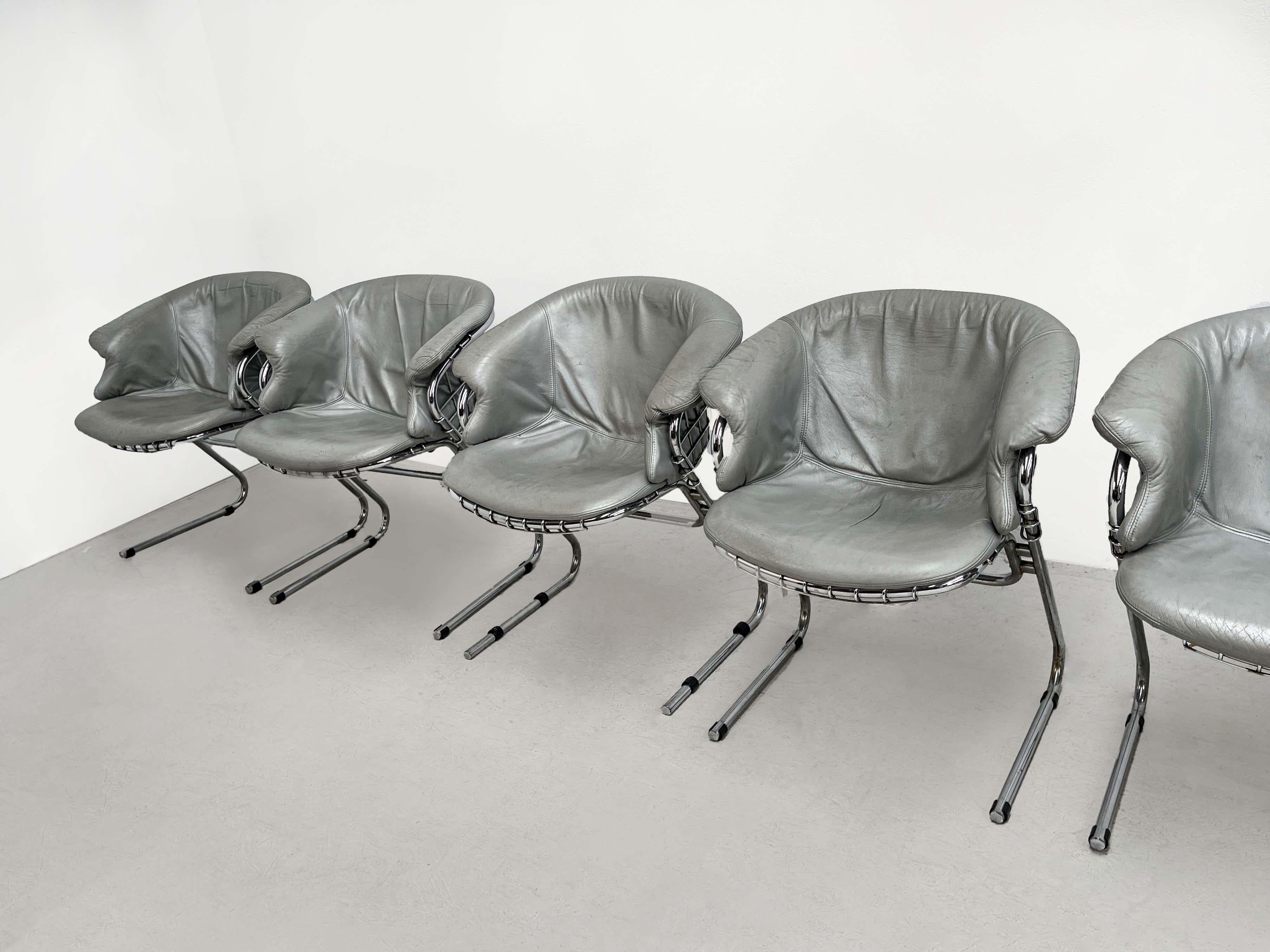 Italian 20th Century 6 Grey Leather Flynn Chairs Designed by Gastone Rinaldi for RIMA