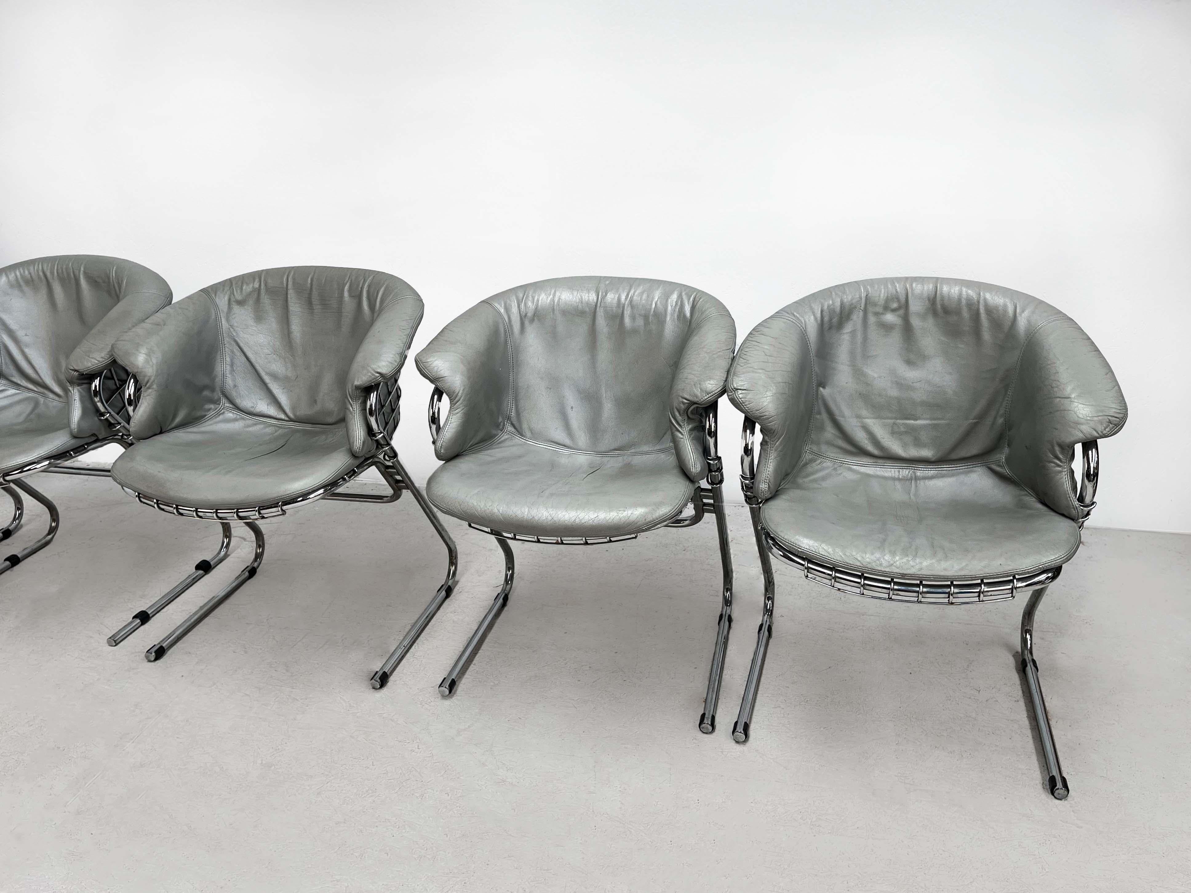 20th Century 6 Grey Leather Flynn Chairs Designed by Gastone Rinaldi for RIMA In Good Condition In Nijlen, VAN
