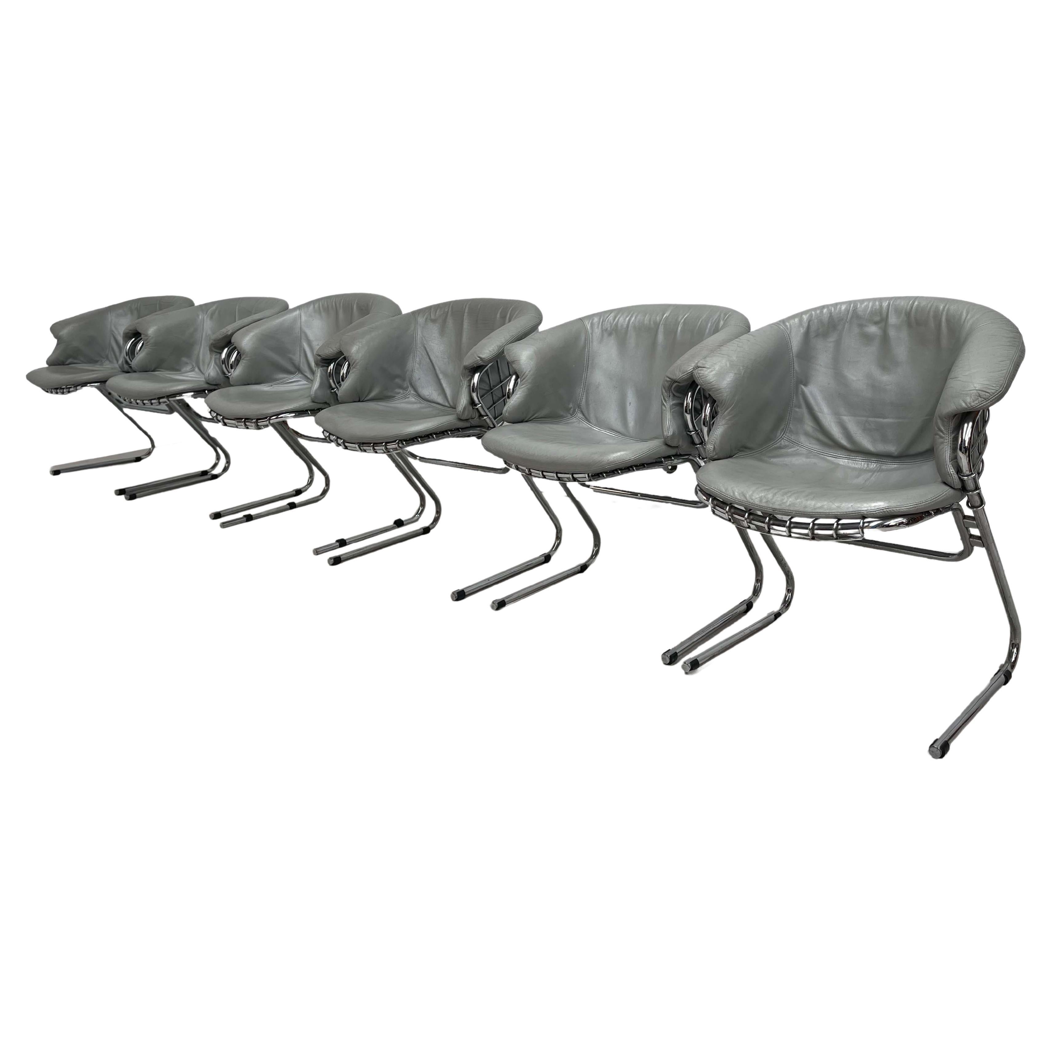 20th Century 6 Grey Leather Flynn Chairs Designed by Gastone Rinaldi for RIMA