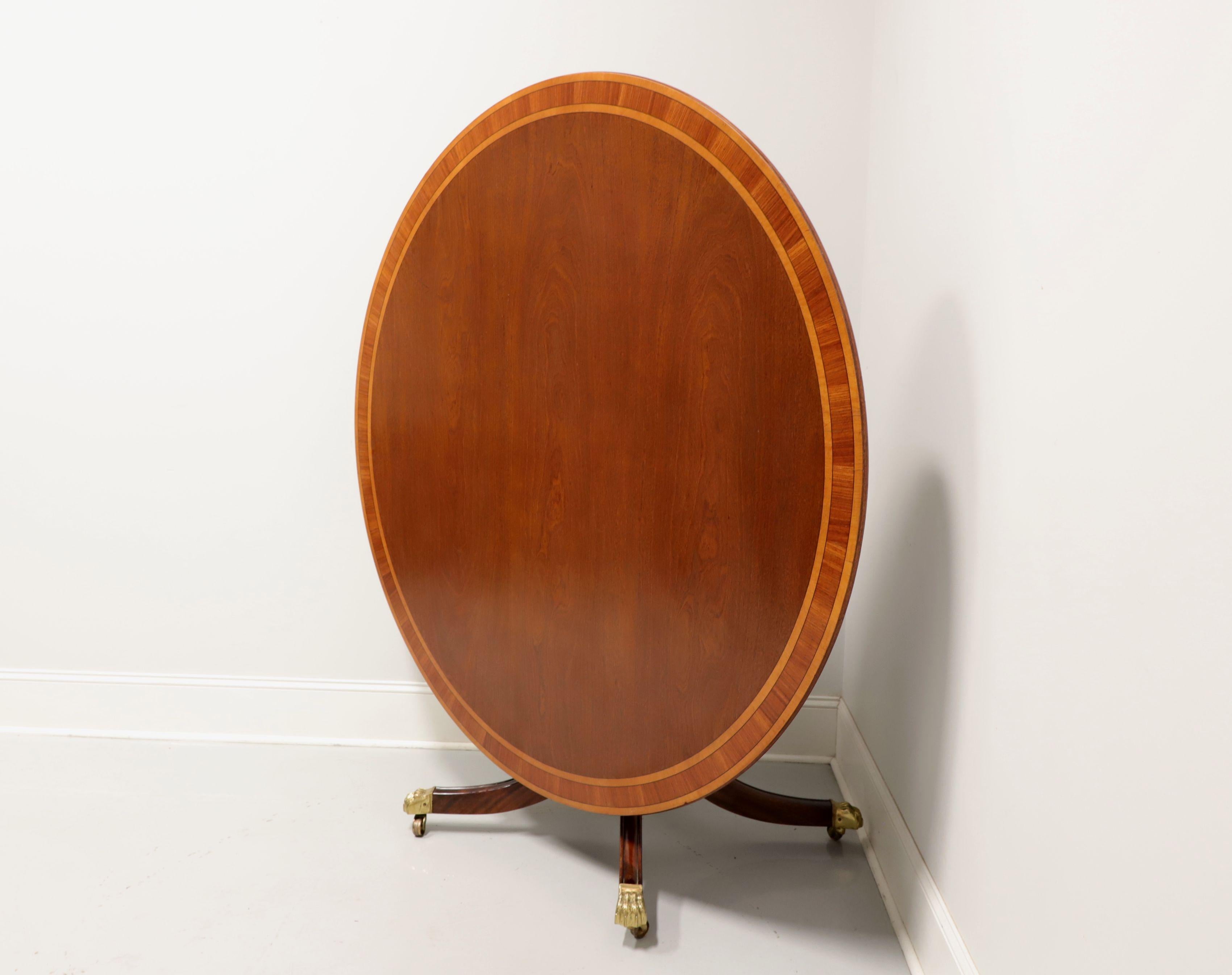 Brass 20th Century Round Banded Mahogany Single Pedestal Tilt-Top Dining Table