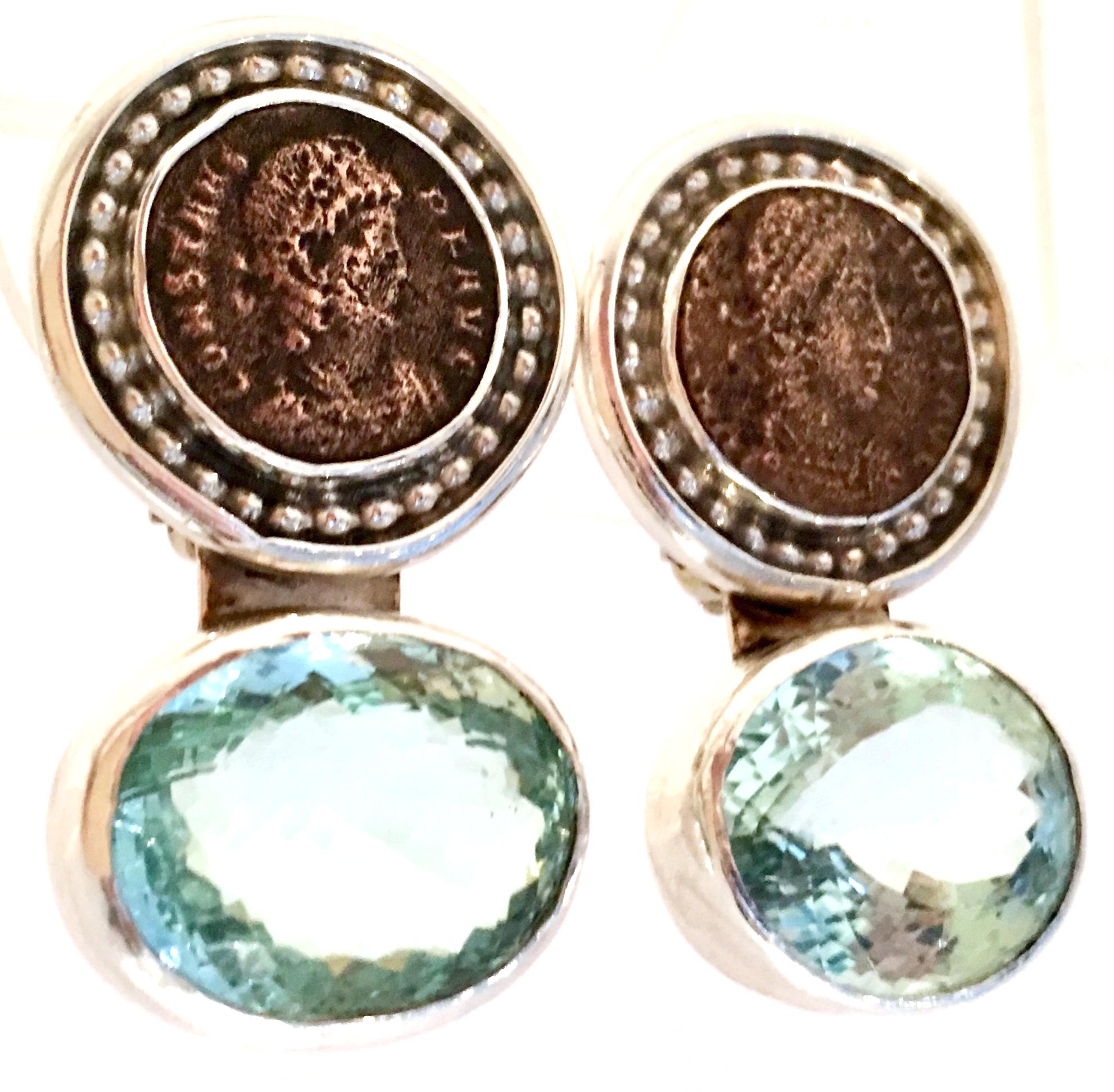 20th Century 925 Sterling & Aquamarine Roman Coin Earrings By, Rebecca Collins In Good Condition In West Palm Beach, FL