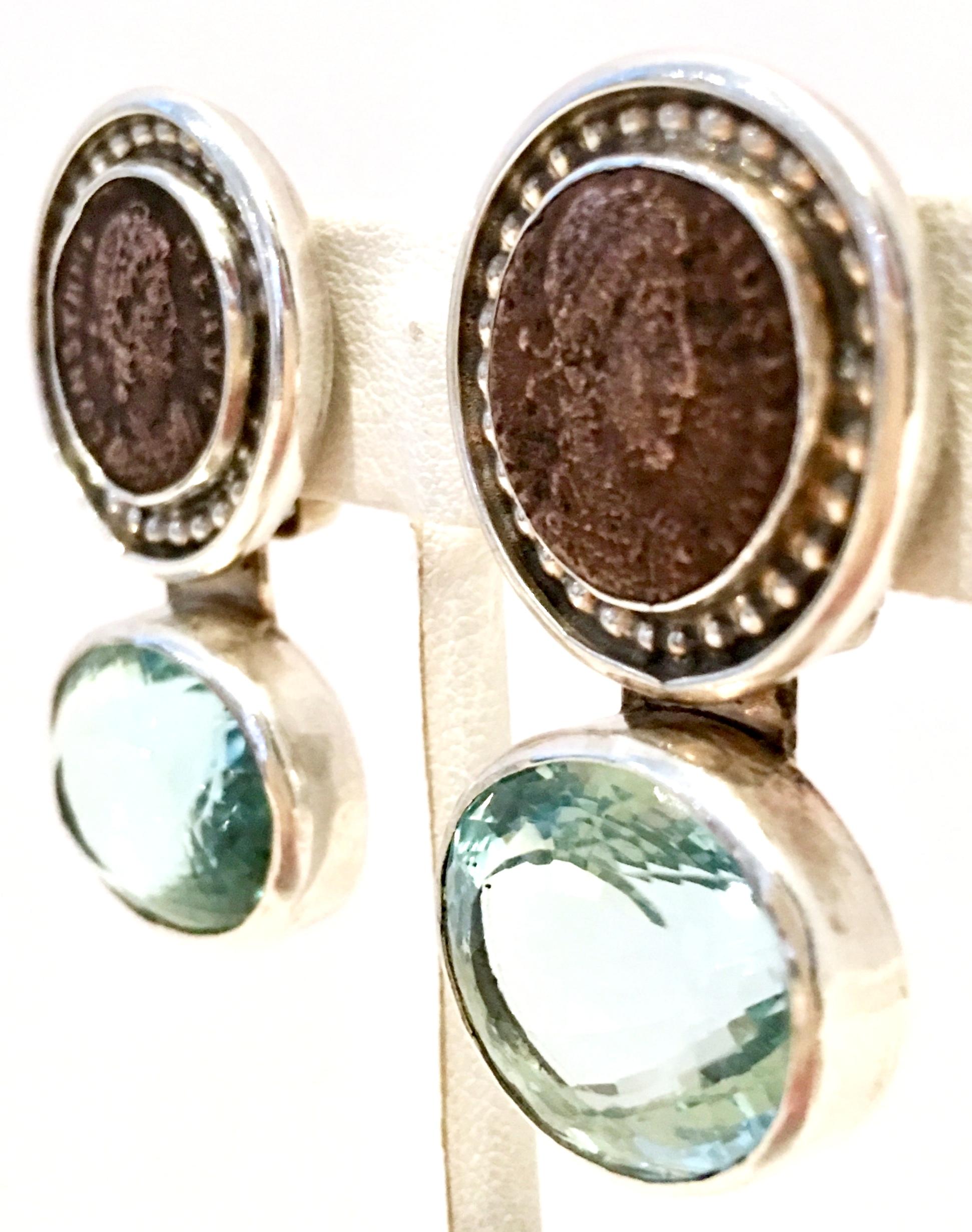 Women's or Men's 20th Century 925 Sterling & Aquamarine Roman Coin Earrings By, Rebecca Collins