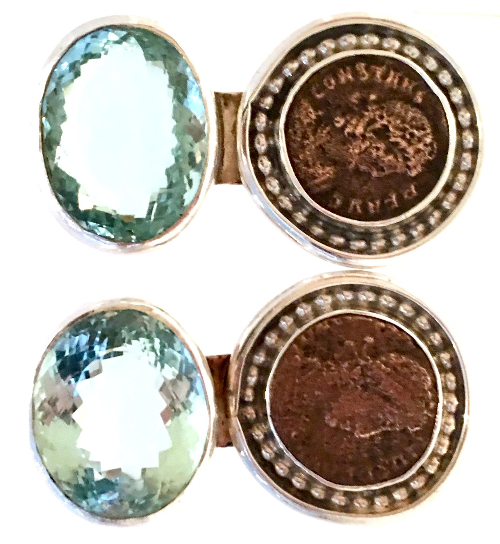 20th Century 925 Sterling & Aquamarine Roman Coin Earrings By, Rebecca Collins 1
