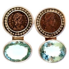 20th Century 925 Sterling & Aquamarine Roman Coin Earrings By, Rebecca Collins