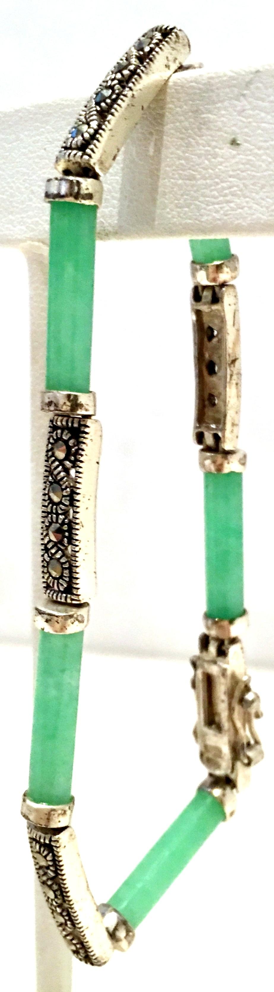 20th Century 925 Sterling Jadeite & Marcasite Link Bracelet In Good Condition For Sale In West Palm Beach, FL