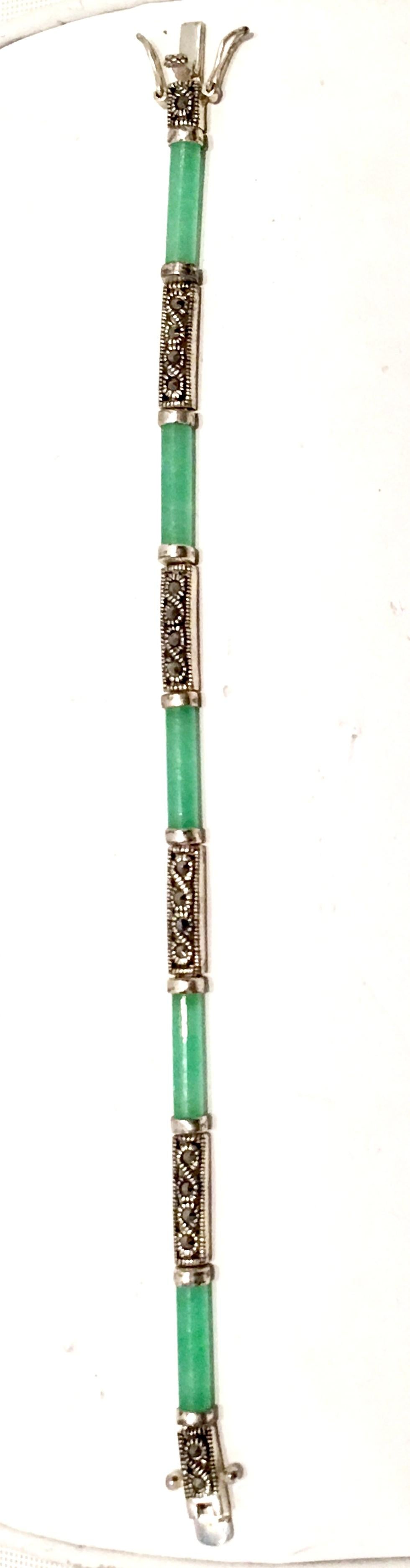 Women's or Men's 20th Century 925 Sterling Jadeite & Marcasite Link Bracelet For Sale