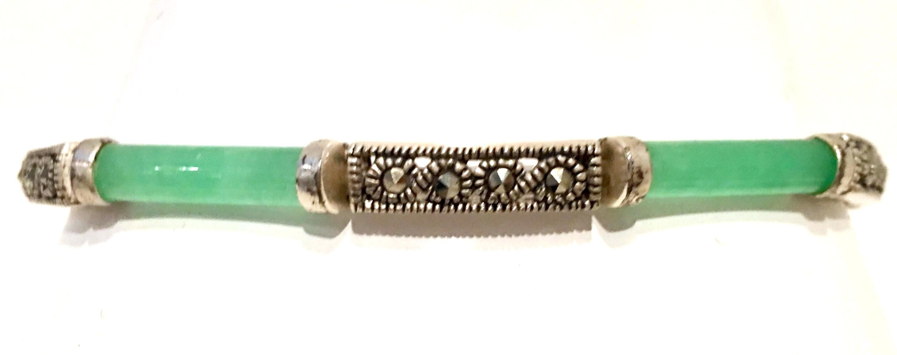 20th Century 925 Sterling Jadeite & Marcasite Link Bracelet For Sale 1