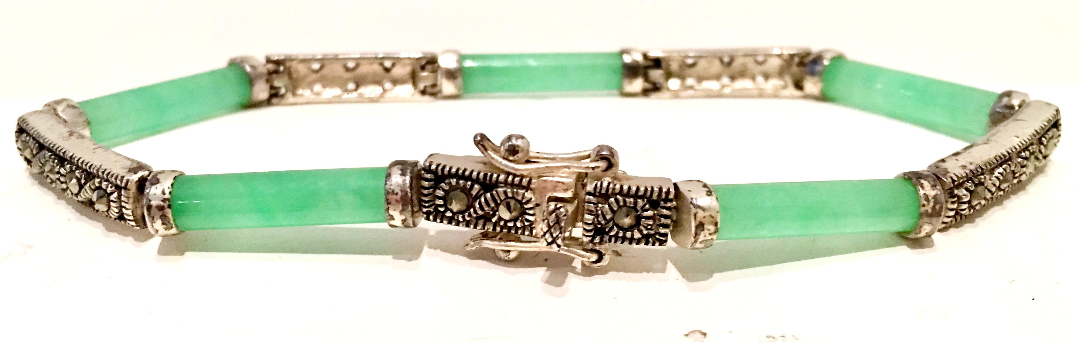 20th Century 925 Sterling Jadeite & Marcasite Link Bracelet For Sale 2