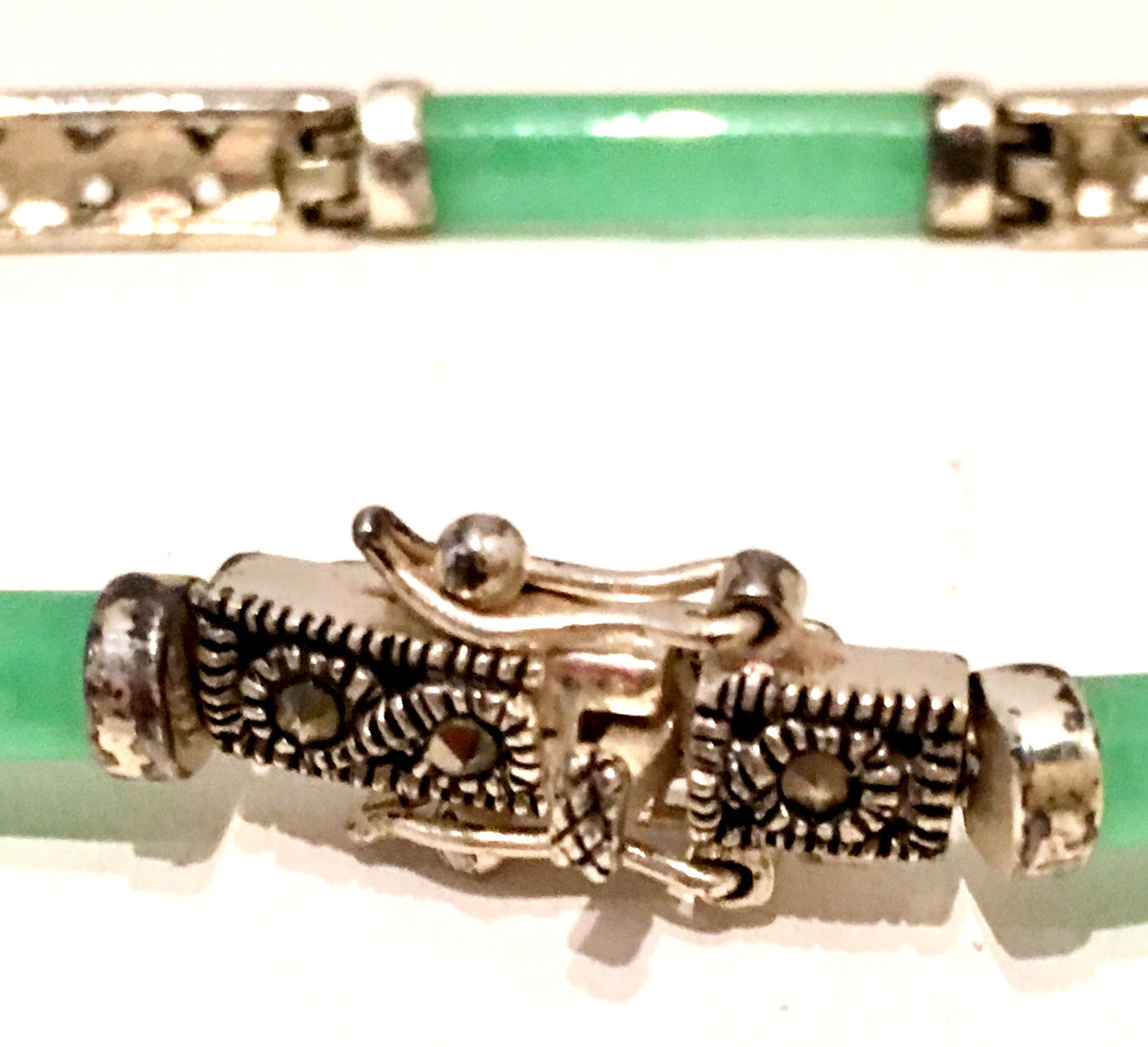 20th Century 925 Sterling Jadeite & Marcasite Link Bracelet For Sale 3