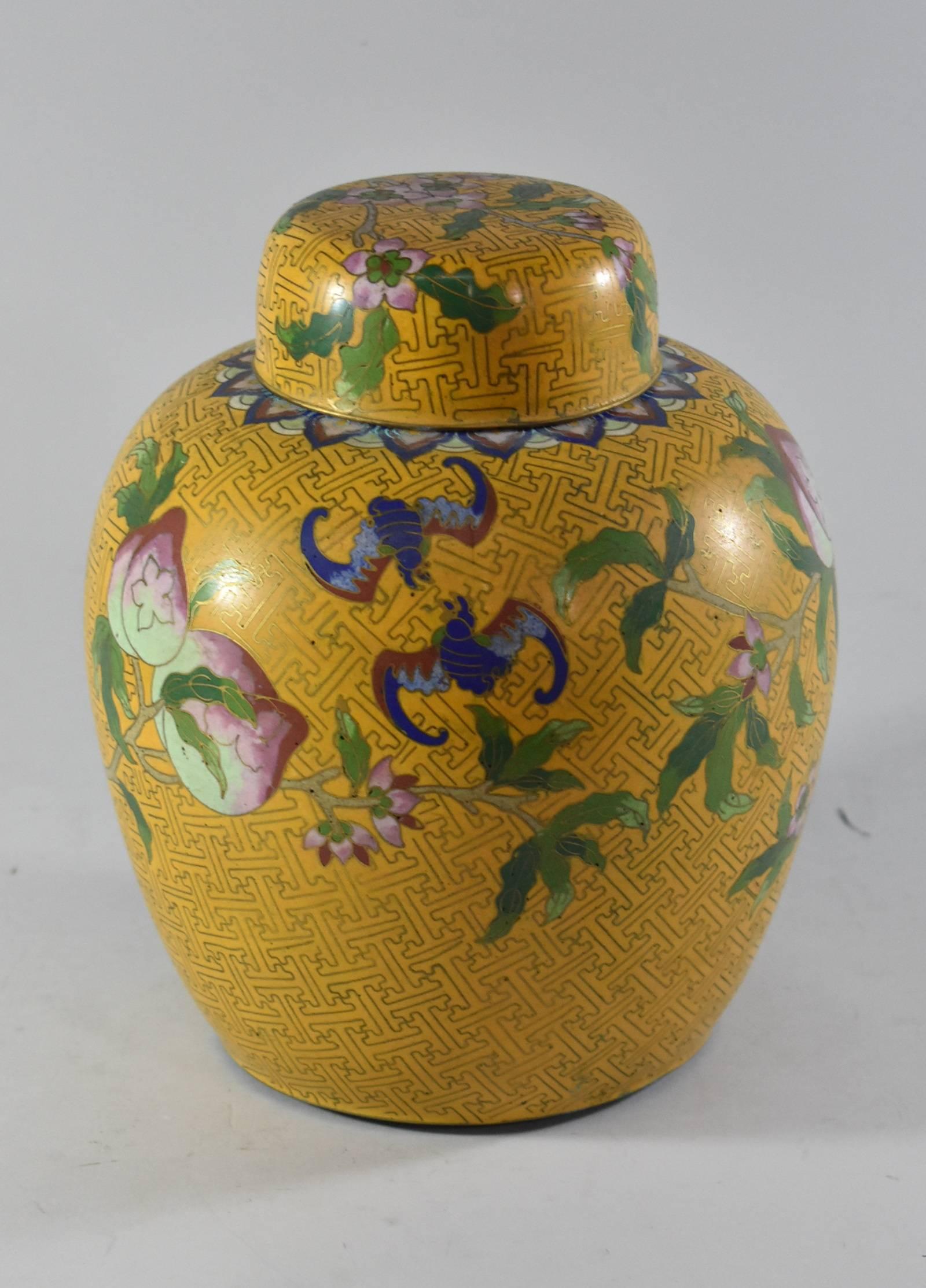 20th Century Cloisonne Ginger Jars with Lids in Peach Tree Pattern In Good Condition In Toledo, OH