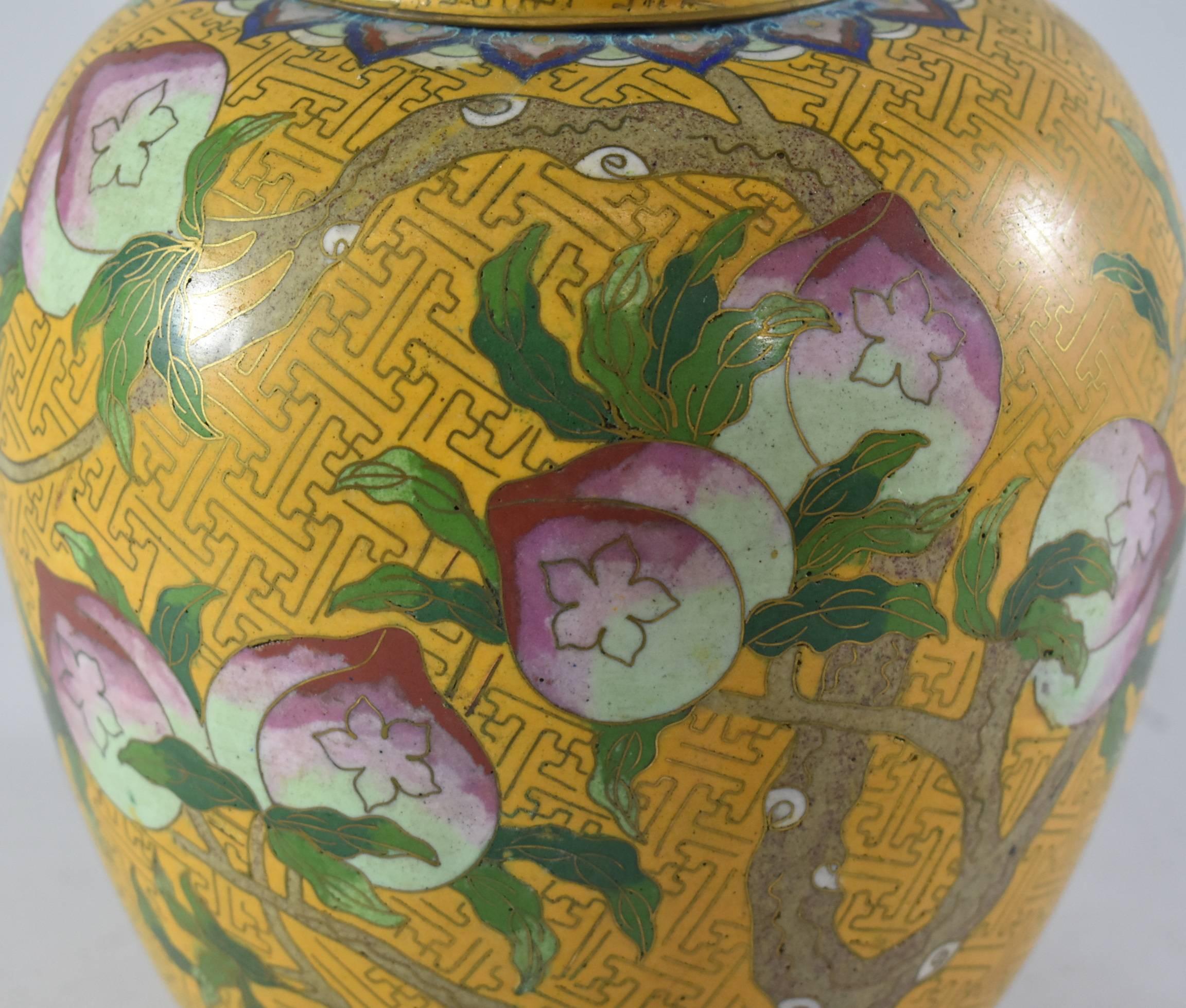 20th Century Cloisonne Ginger Jars with Lids in Peach Tree Pattern 2