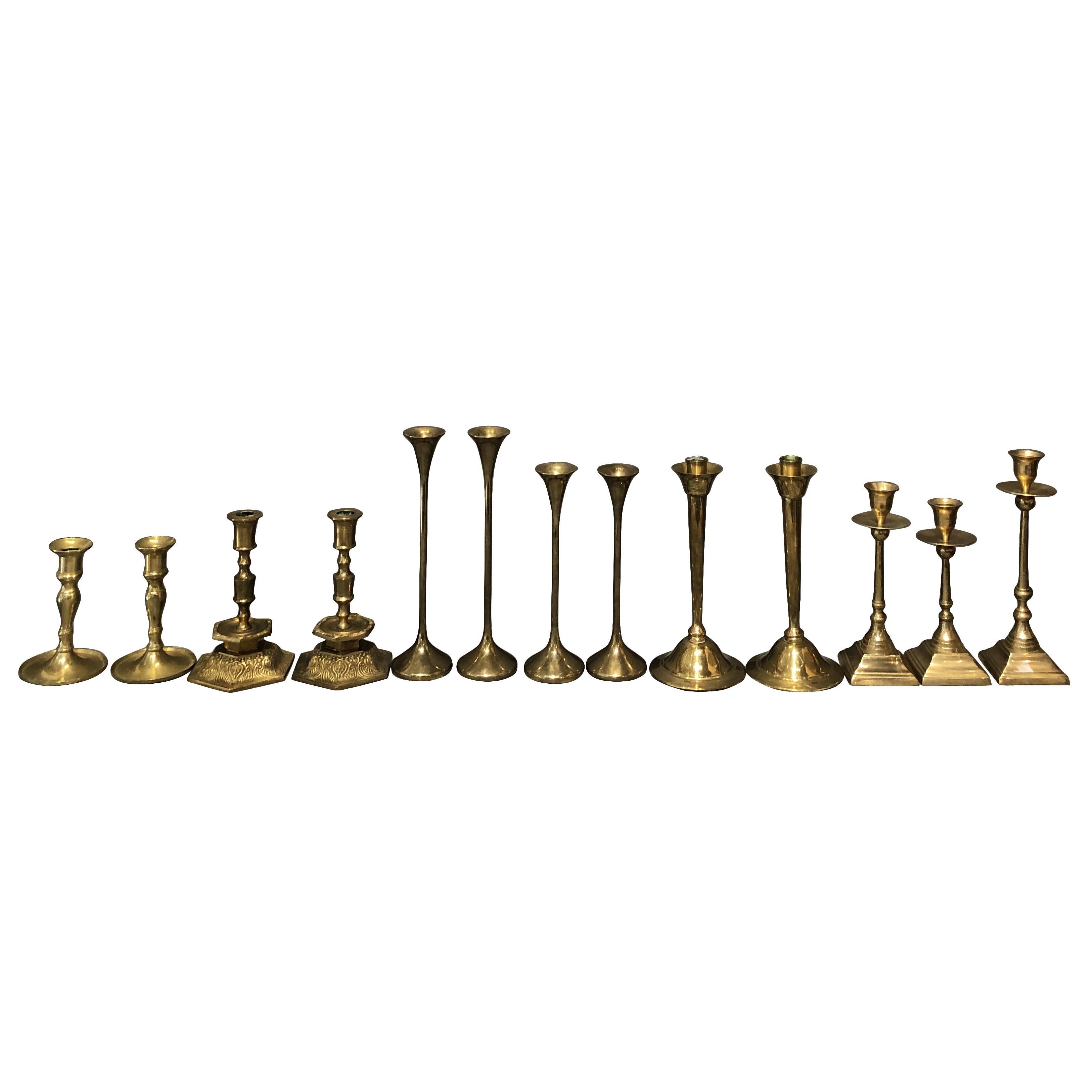 Mid-Century Modern 20th Century Gold Swedish, Danish Collection of Fourteen Brass Candlesticks For Sale