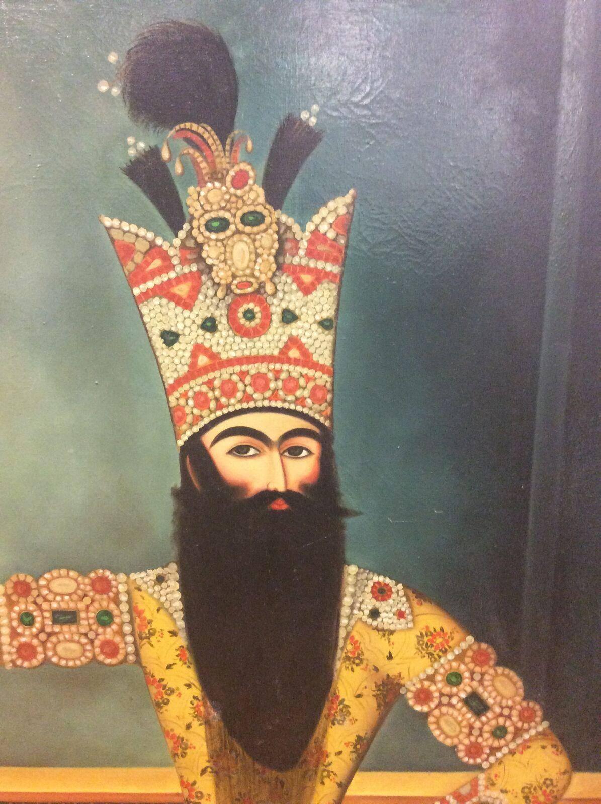 The Shah is depicted wearing a tall crown and long beard standing in front of a geometrically decorated wall. The interior is painted varying shades of teal. There are areas of repainting and the portrait has been relined. Fath-Ali Shah Qajar (5