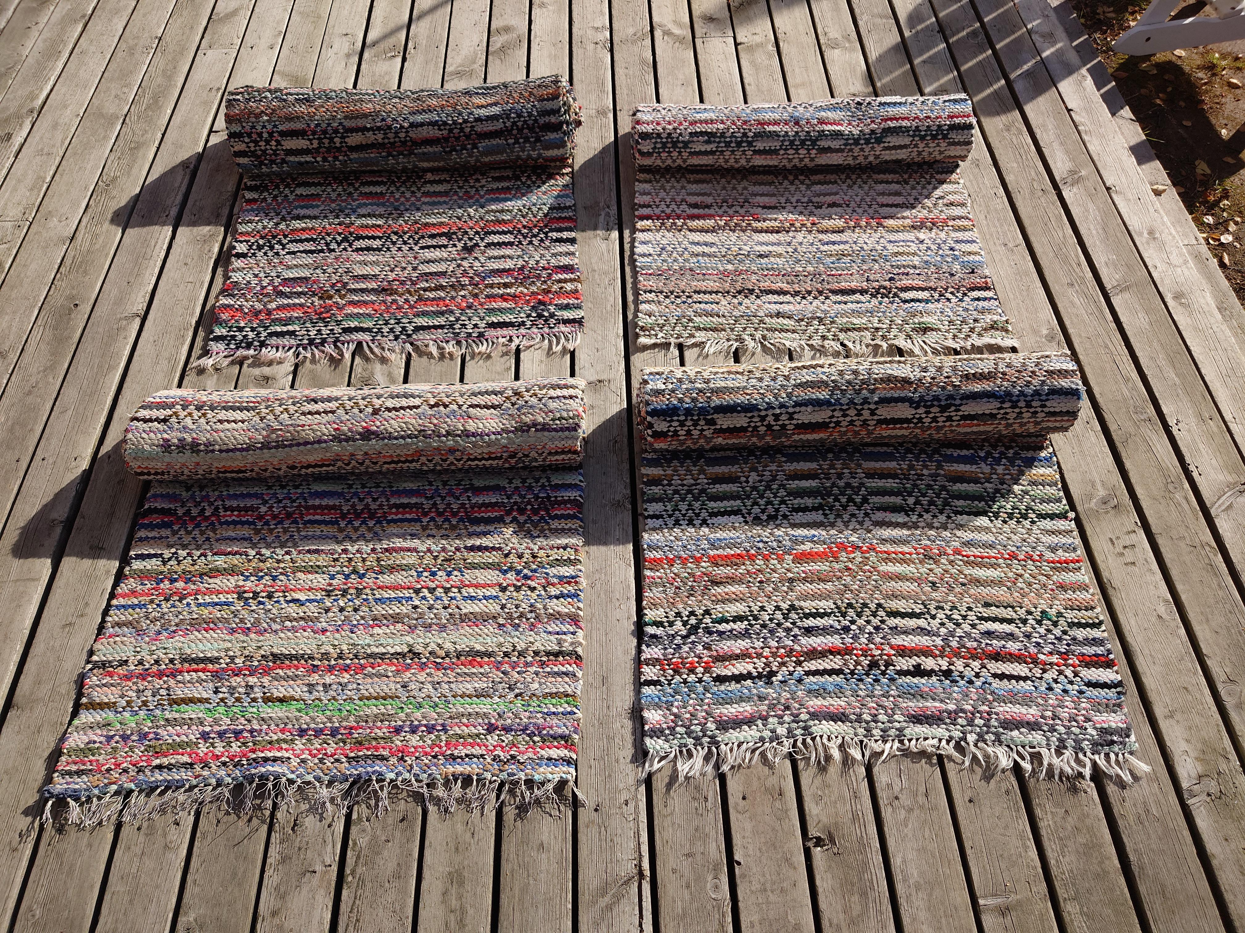A set of four Rag rugs in similar patterns and colors.
So lovely to place together in a room.
The rugs is handwoven & in a very good condition.

Vintage & antique Swedish rag rugs are from rual Sweden and come in a variety of color shemes and