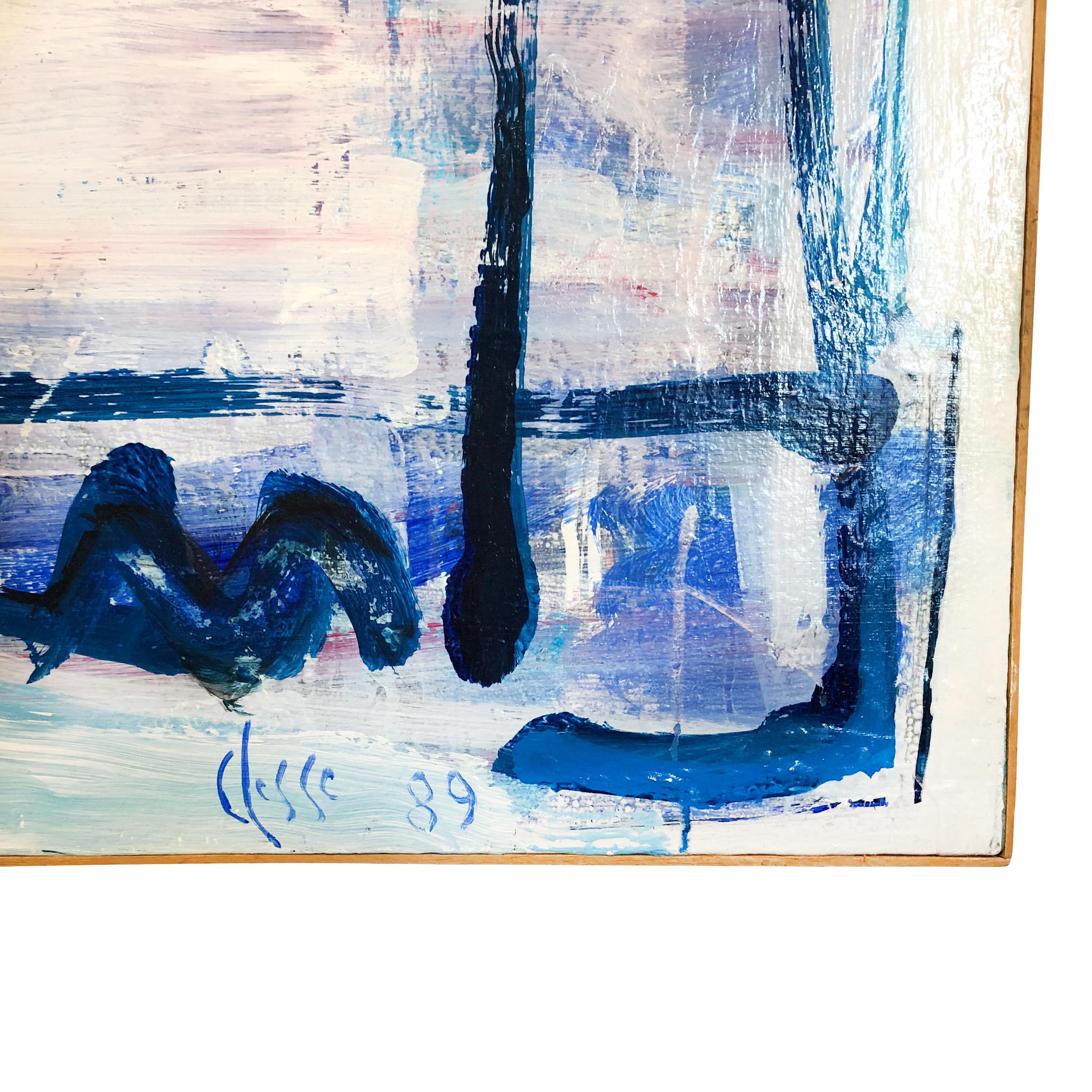 20th Century Blue-White Abstract Composition, French Painting by Daniel Clesse In Good Condition For Sale In West Palm Beach, FL