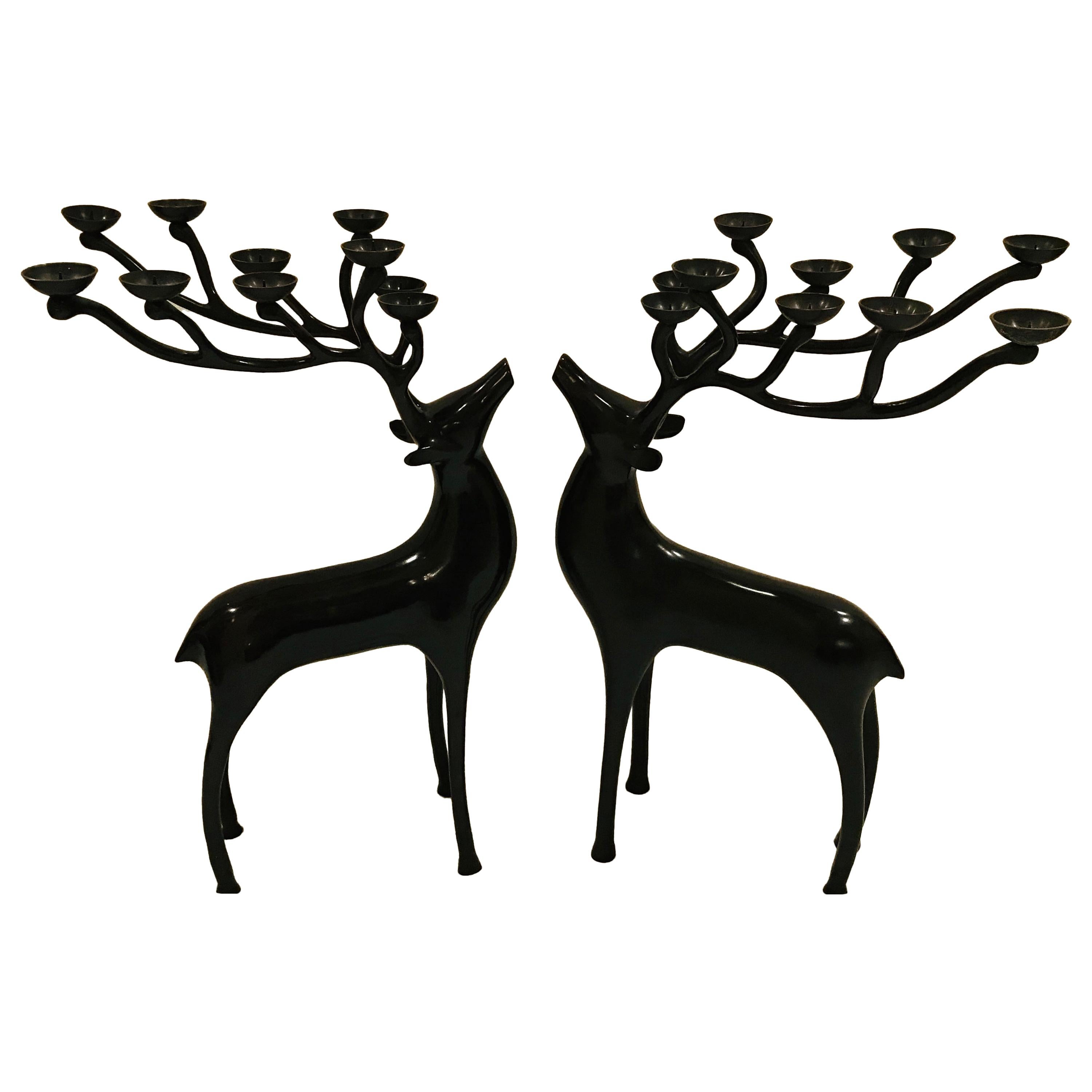 20th Century Abstract Dark Oiled Bronze Reindeer Candelabras For Sale