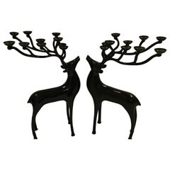 20th Century Abstract Dark Oiled Bronze Reindeer Candelabras