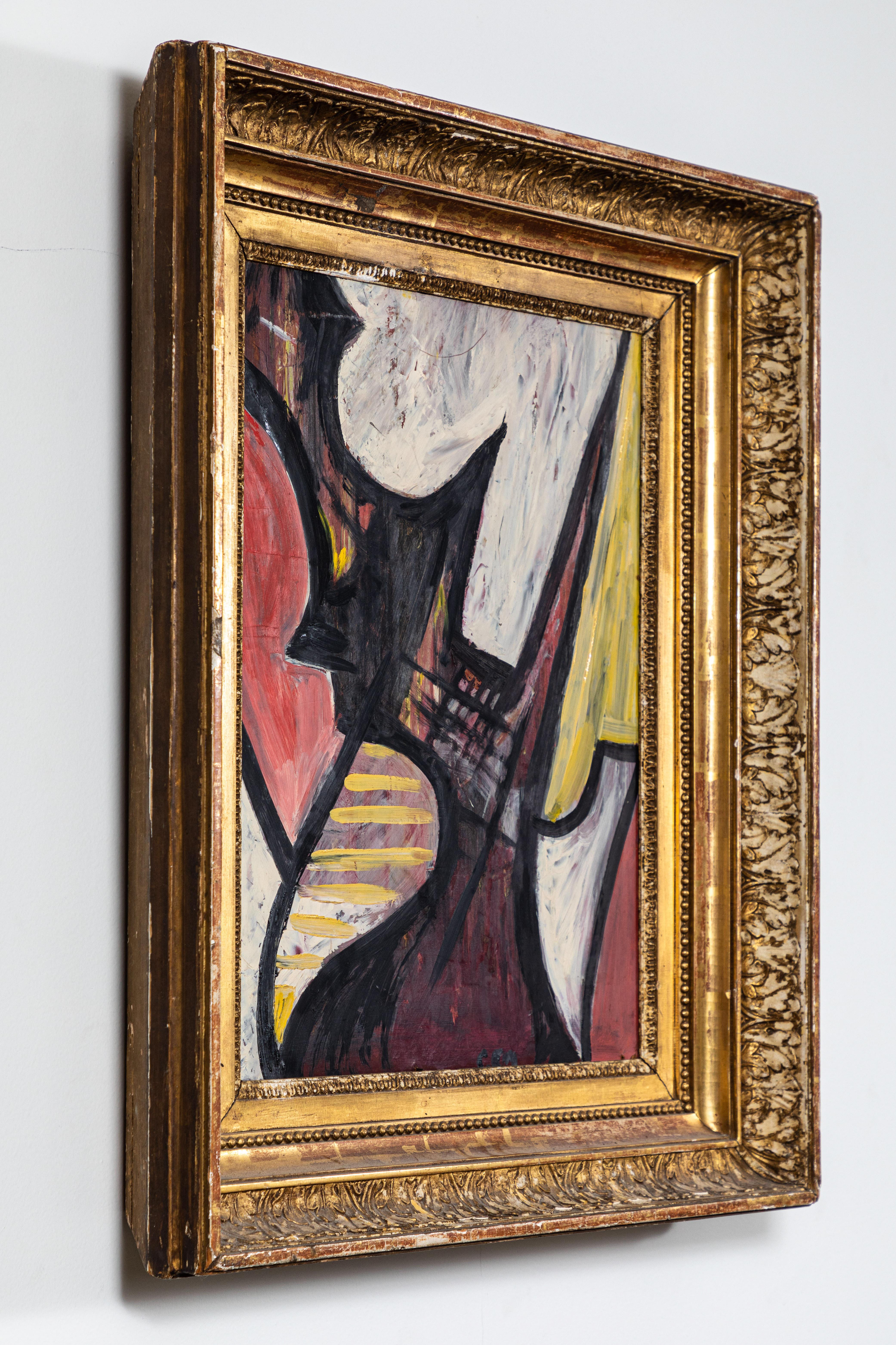 Striking abstract painting, oil on board, unsigned and untitled, circa midcentury. Bold colors of pink, yellow and black. 19th century gold gilt frame in the classic style.