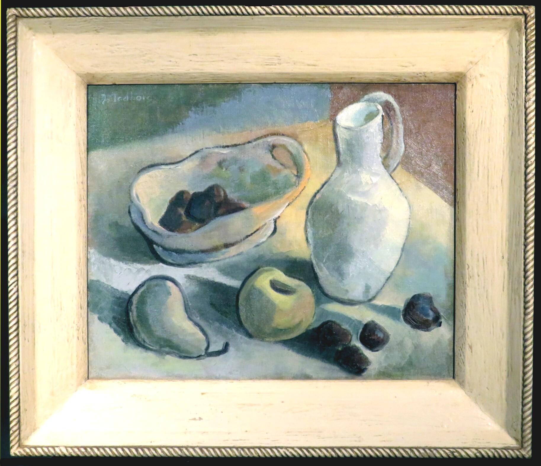 A very good abstract / still life by noted Canadian artist, Denyse Gadbois (1921-2013), titled ‘Still Life, Apples and Prunes’. Oil on canvas, signed upper left, exhibition label on reverse bearing title & signature, set within its original hand