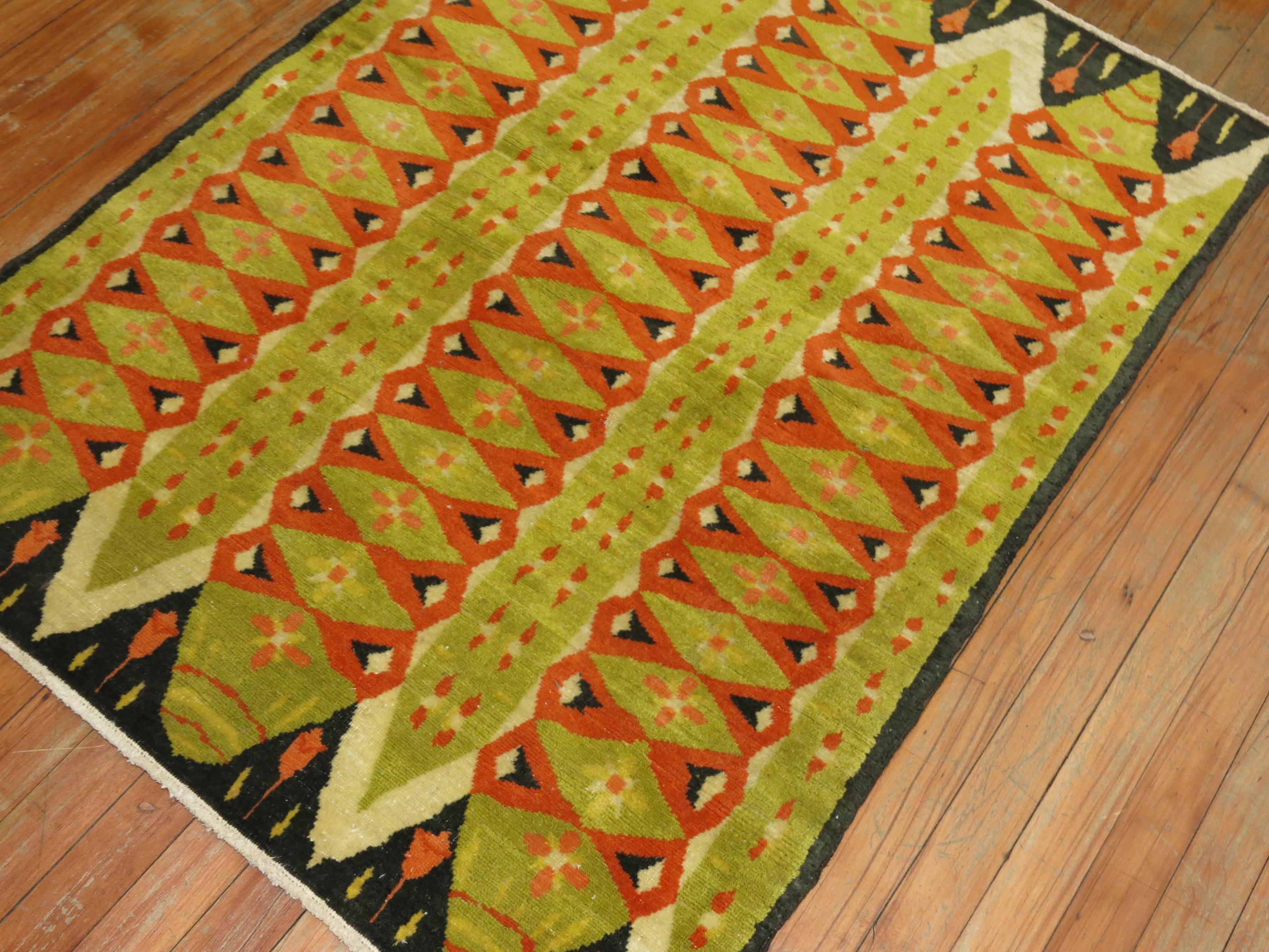 A one of a kind mid-20th century primitive and abstract Turkish Art Deco Inspired rug. The quality on this one seems finer than its predecessors. The condition is great too. Might make a great wall piece too,

circa mid-20th century. Measures: