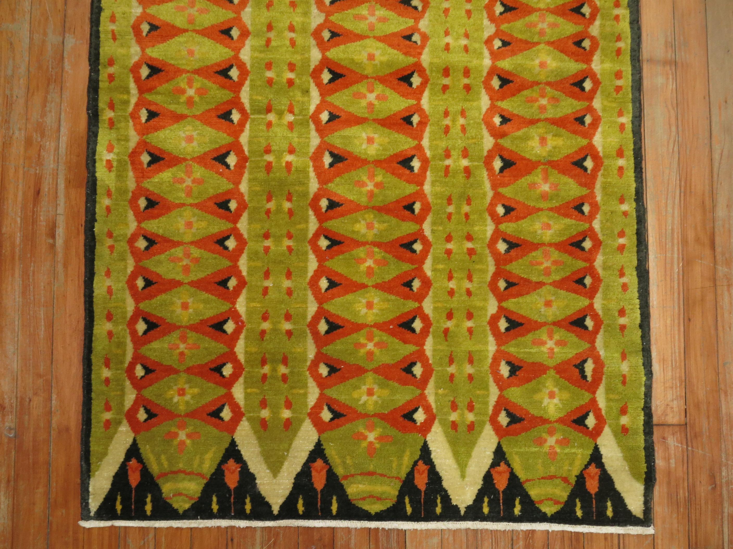 Mid-Century Modern 20th Century Abstract Turkish Deco Scandinavian Inspired Coral Green Pile Rug For Sale