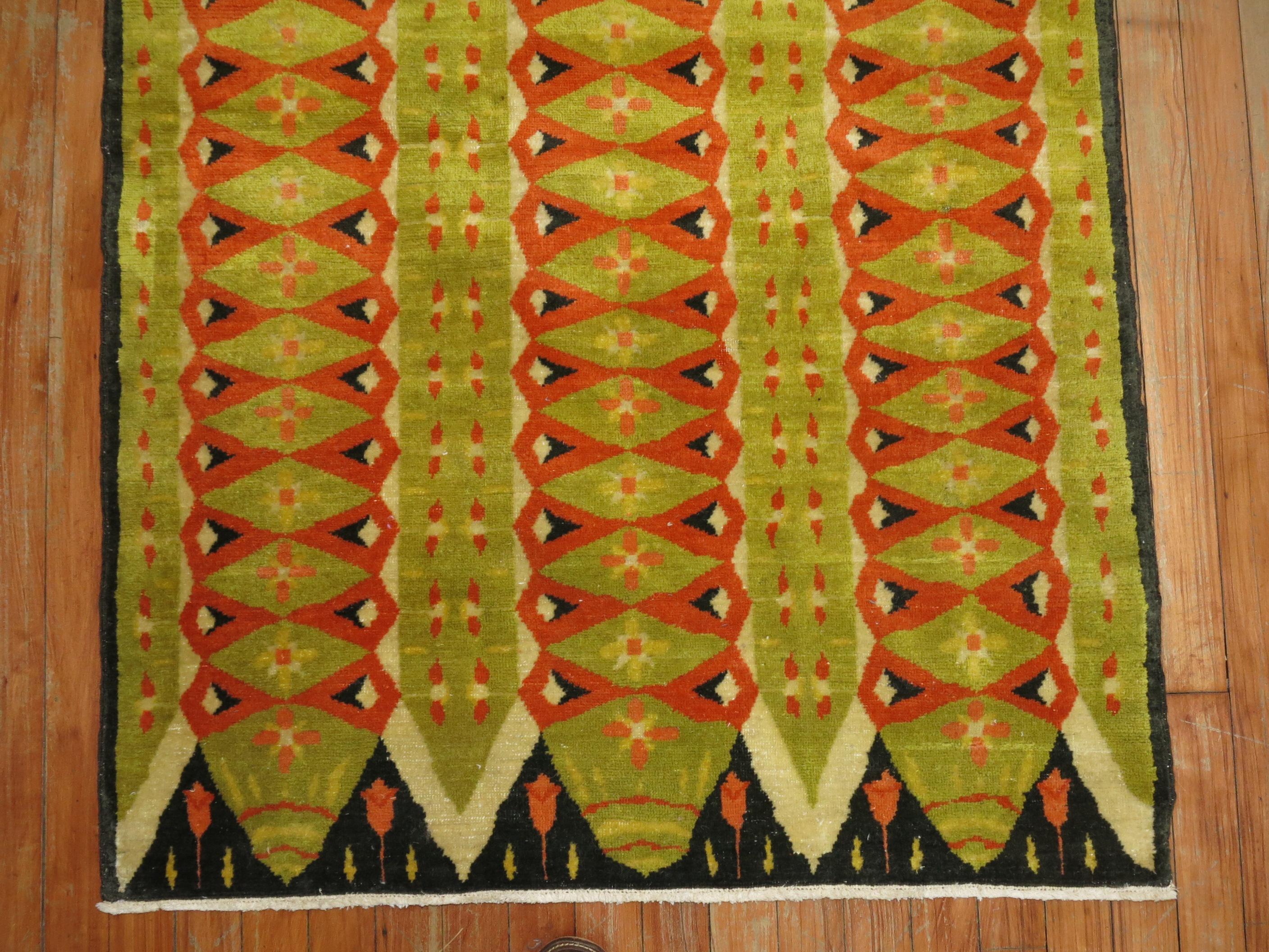 Hand-Woven 20th Century Abstract Turkish Deco Scandinavian Inspired Coral Green Pile Rug For Sale
