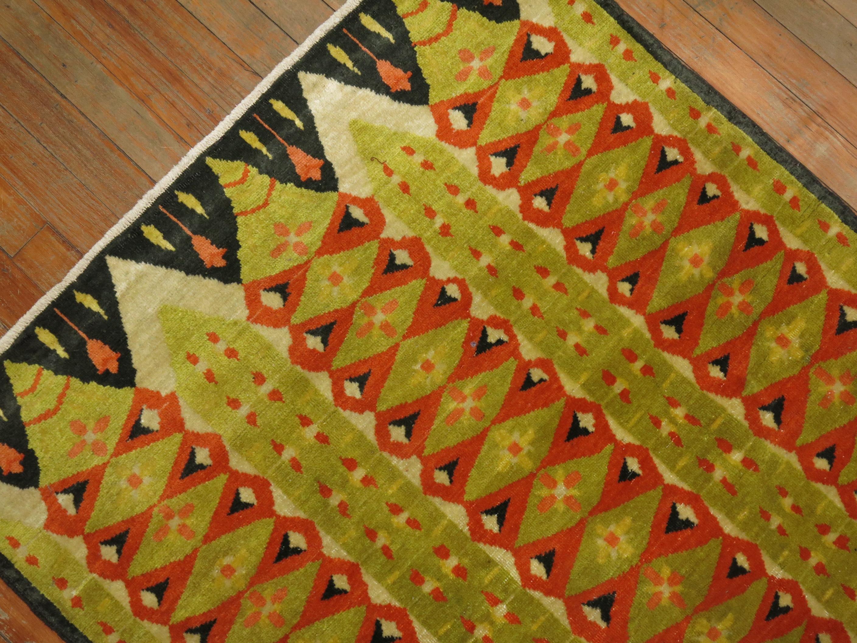 Wool 20th Century Abstract Turkish Deco Scandinavian Inspired Coral Green Pile Rug For Sale