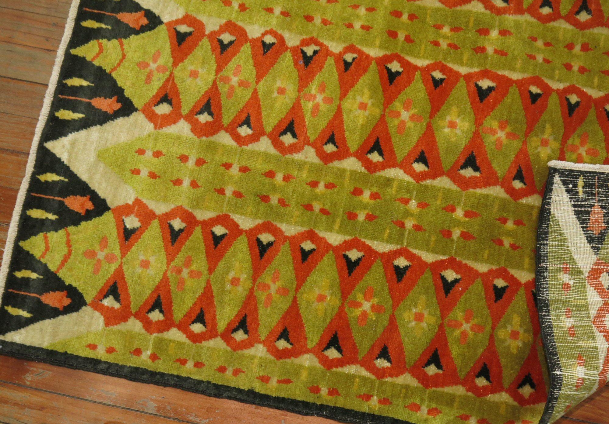 20th Century Abstract Turkish Deco Scandinavian Inspired Coral Green Pile Rug For Sale 1