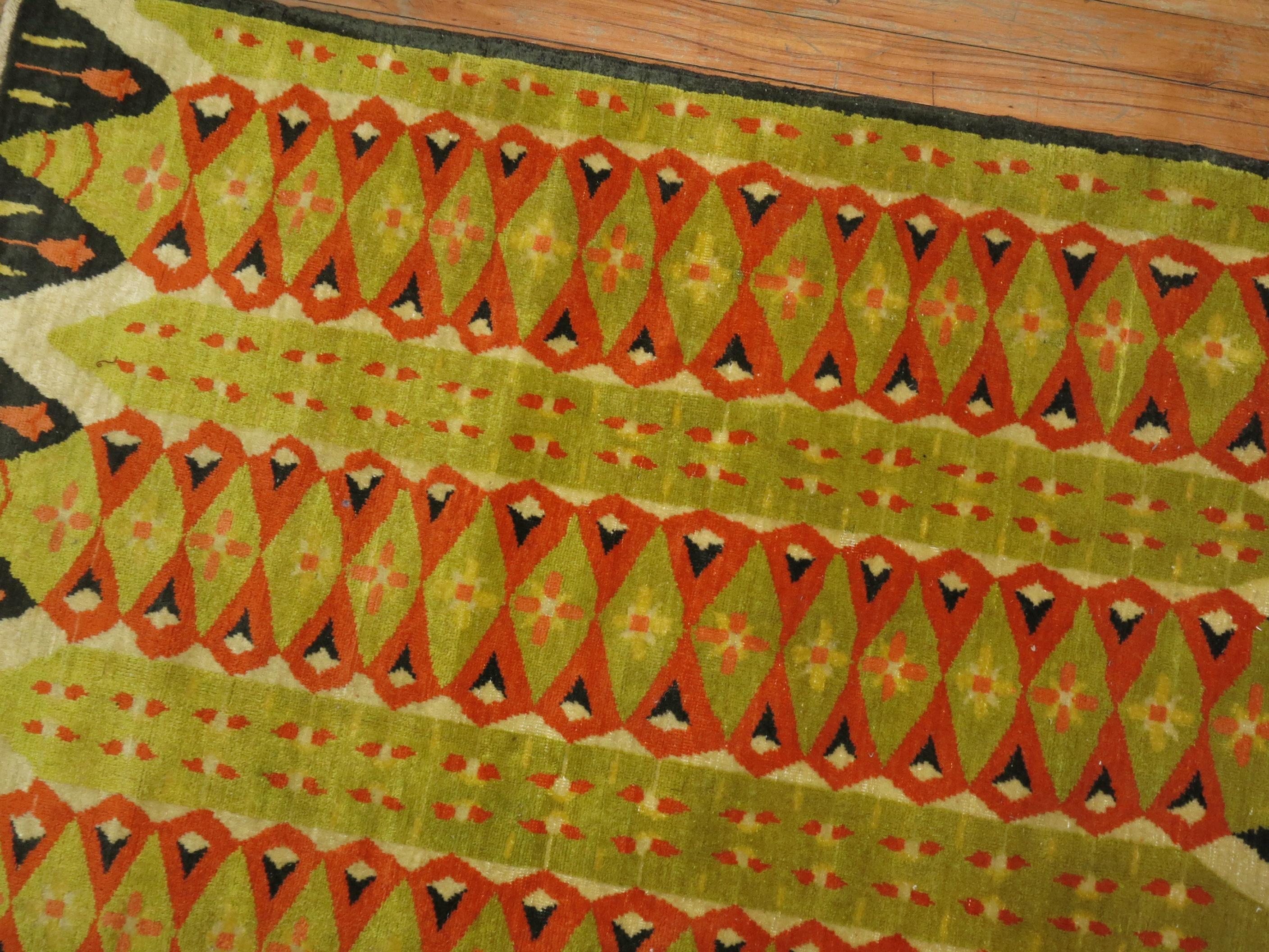 20th Century Abstract Turkish Deco Scandinavian Inspired Coral Green Pile Rug For Sale 2
