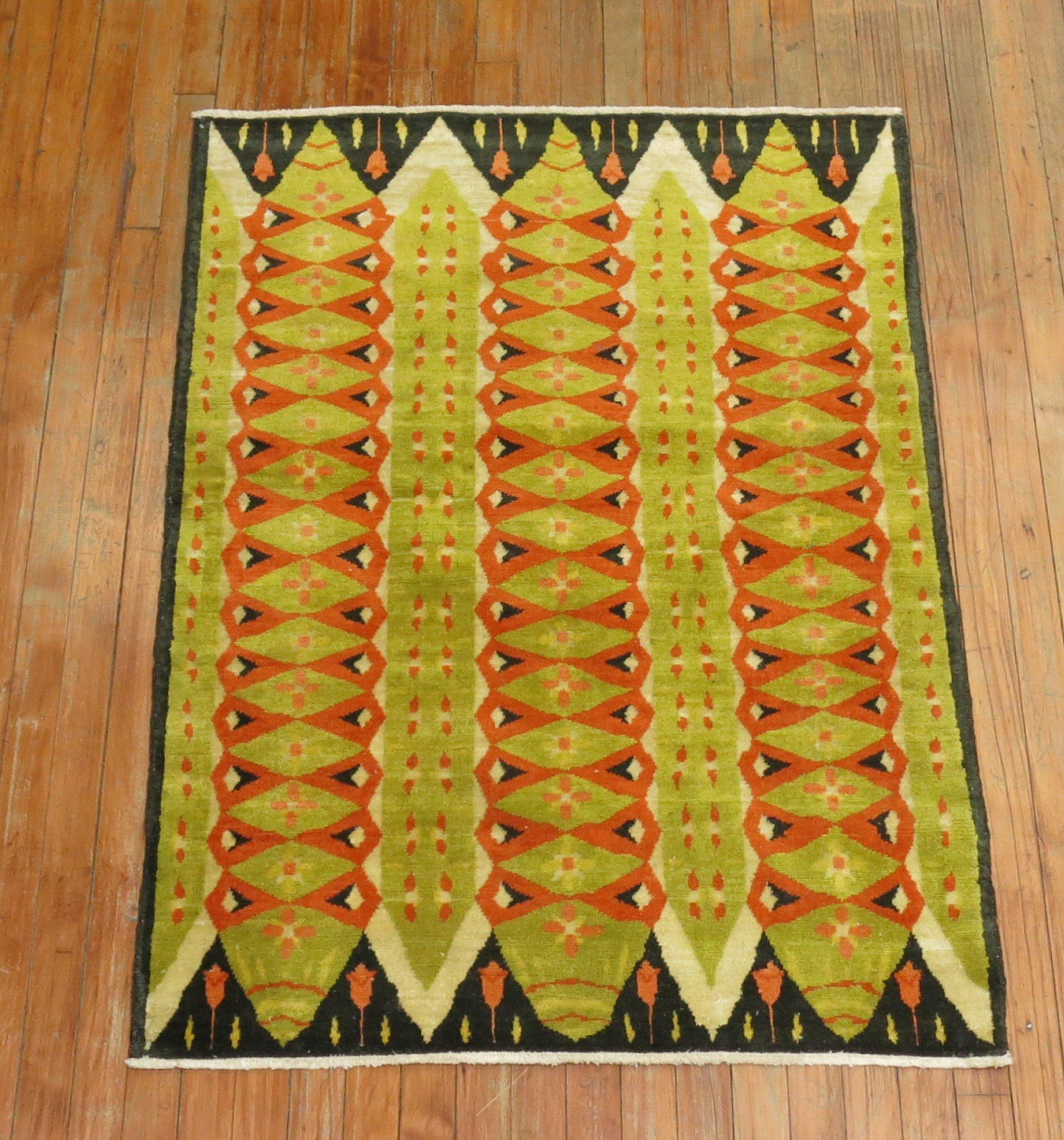 20th Century Abstract Turkish Deco Scandinavian Inspired Coral Green Pile Rug For Sale 3