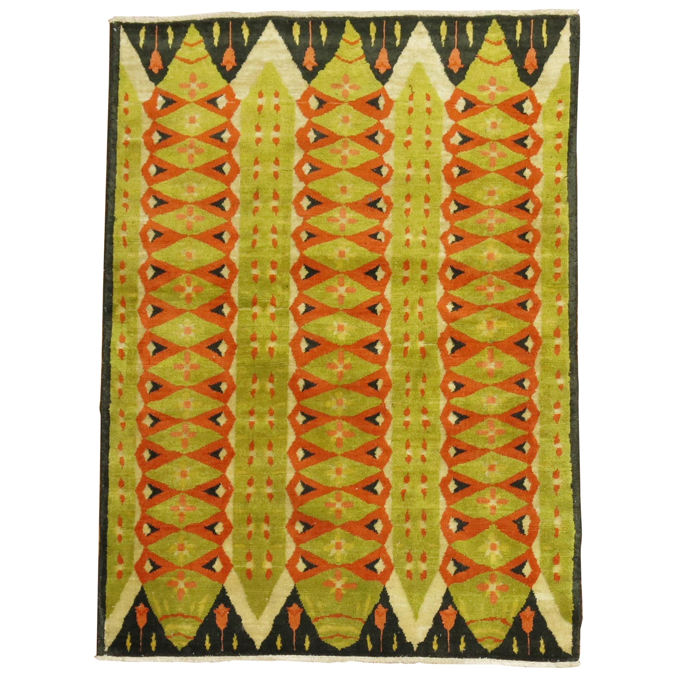 20th Century Abstract Turkish Deco Scandinavian Inspired Coral Green Pile Rug For Sale