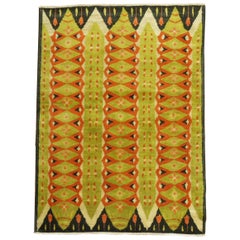 Vintage 20th Century Abstract Turkish Deco Scandinavian Inspired Coral Green Pile Rug