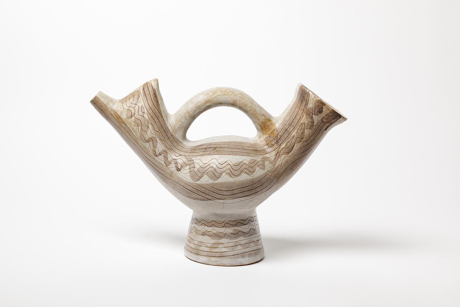 Mid-Century Modern Vase ou pichet abstrait en céramique blanche et grise du 20e siècle par Jean Austruy en vente