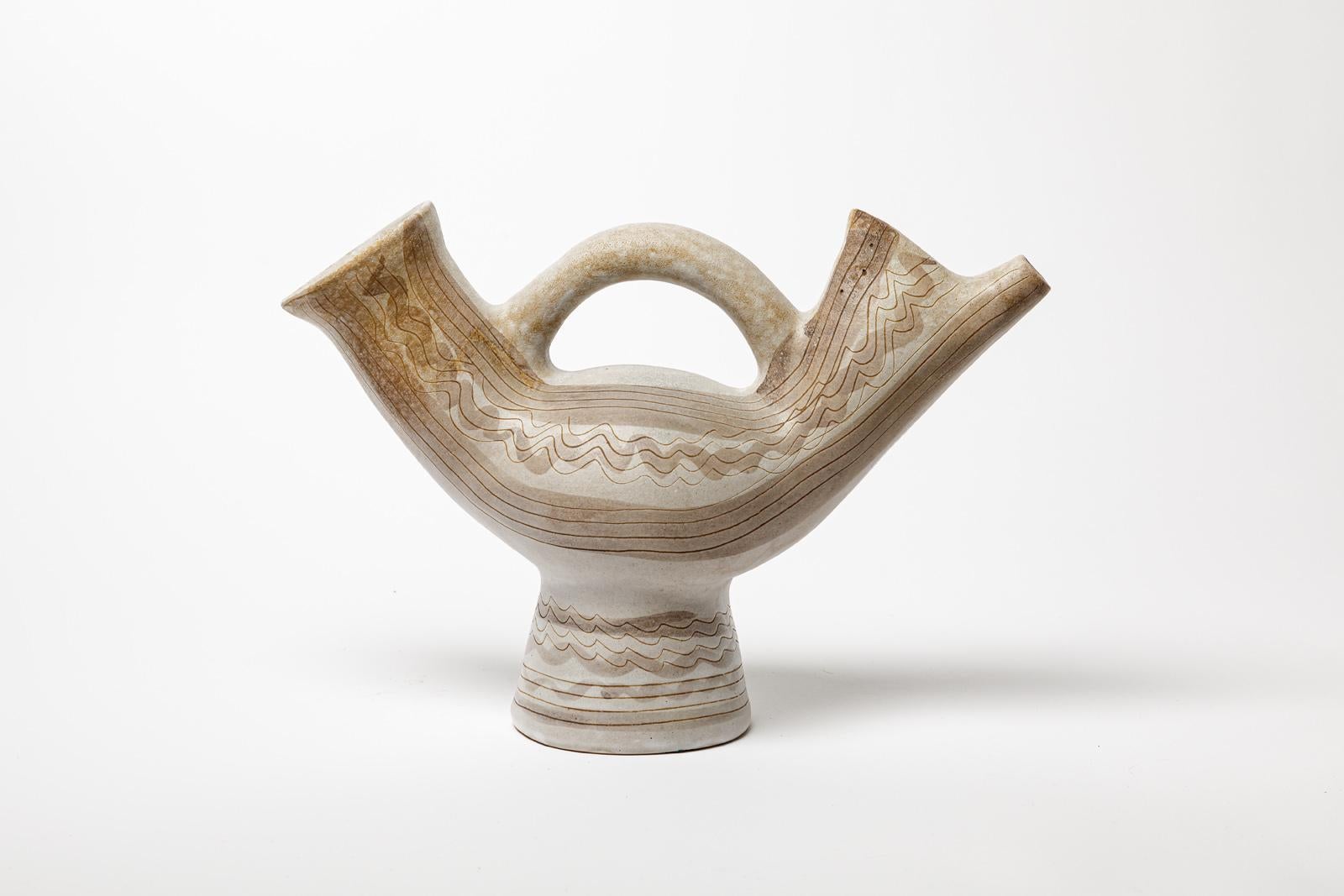 Vaso o brocca astratta in ceramica bianca e grigia del XX secolo di Jean Austruy In condizioni ottime in vendita a Neuilly-en- sancerre, FR