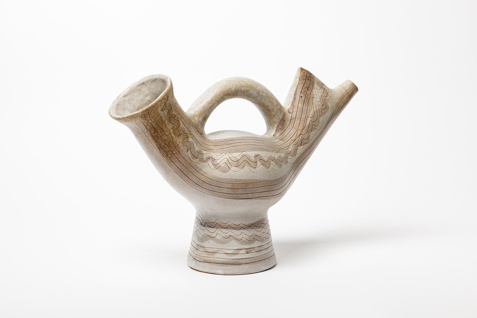 Ceramica Vaso o brocca astratta in ceramica bianca e grigia del XX secolo di Jean Austruy in vendita