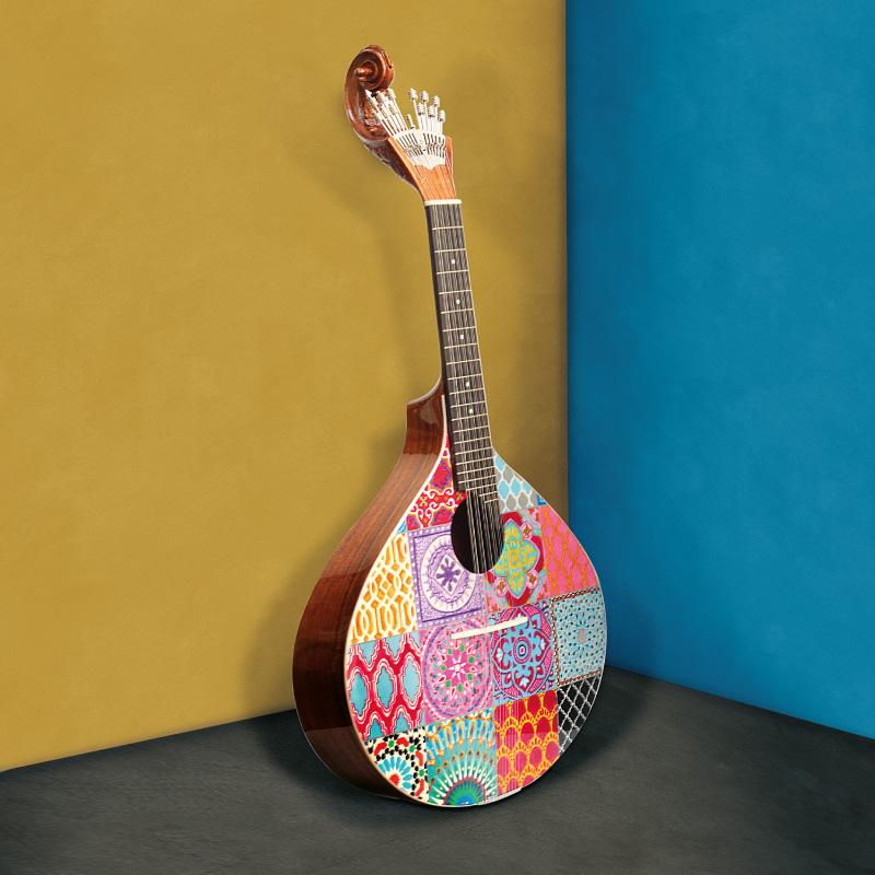 Contemporary 20th Azulejo III Guitar Walnut Wood Handpainted and Made in Portugal by Malabar For Sale