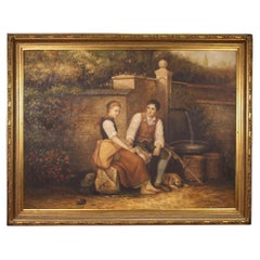 20th Century Acrylic On Canvas French Signed Painting Lovers at fountain, 1990