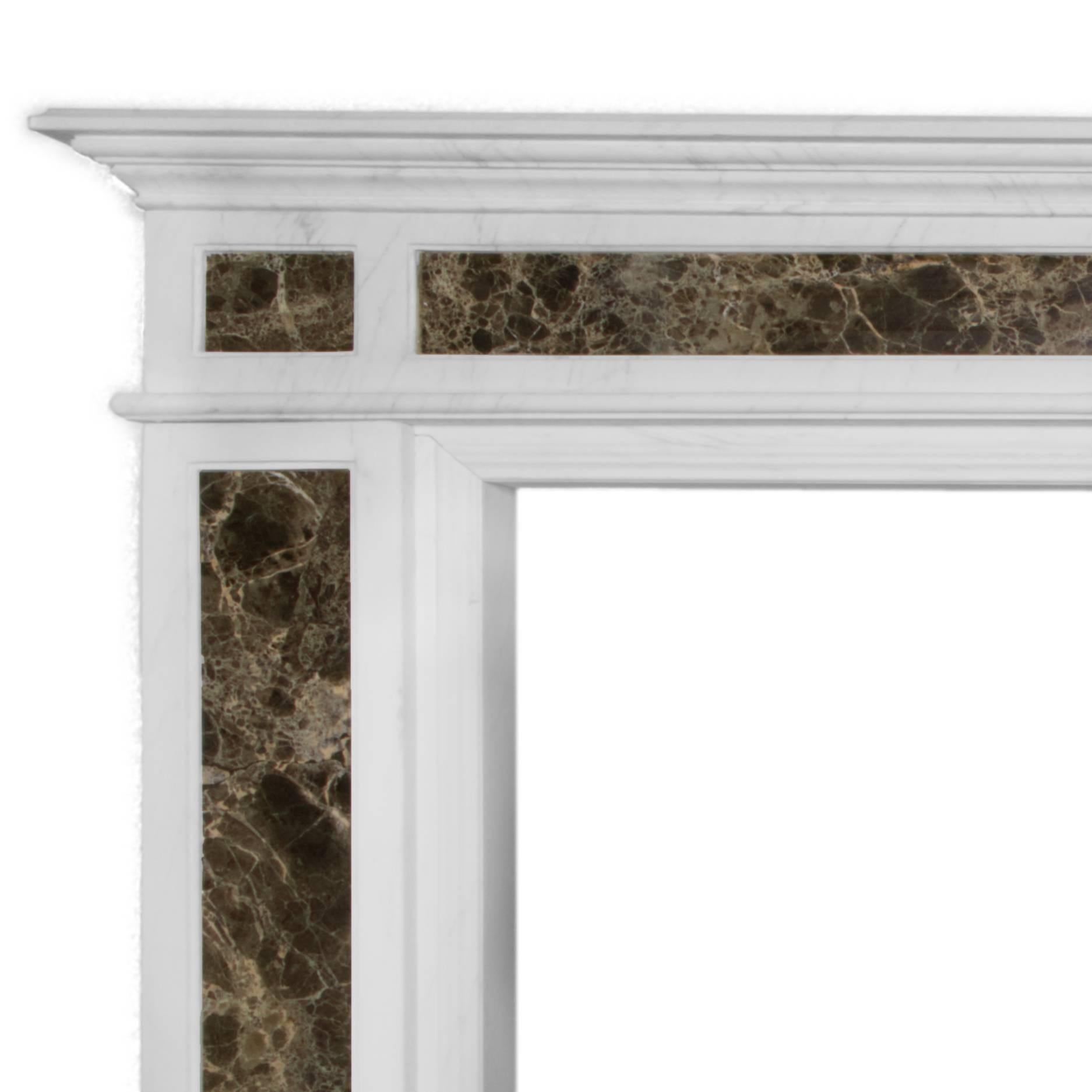 A unique large 20th century Adam style marble fireplace surround.
Made from statuary marble with emperador marble inlay to the recess panels in both Jambs and Frieze. Recently salvaged and restored from a London Town House. 

Measures: 
Shelf width