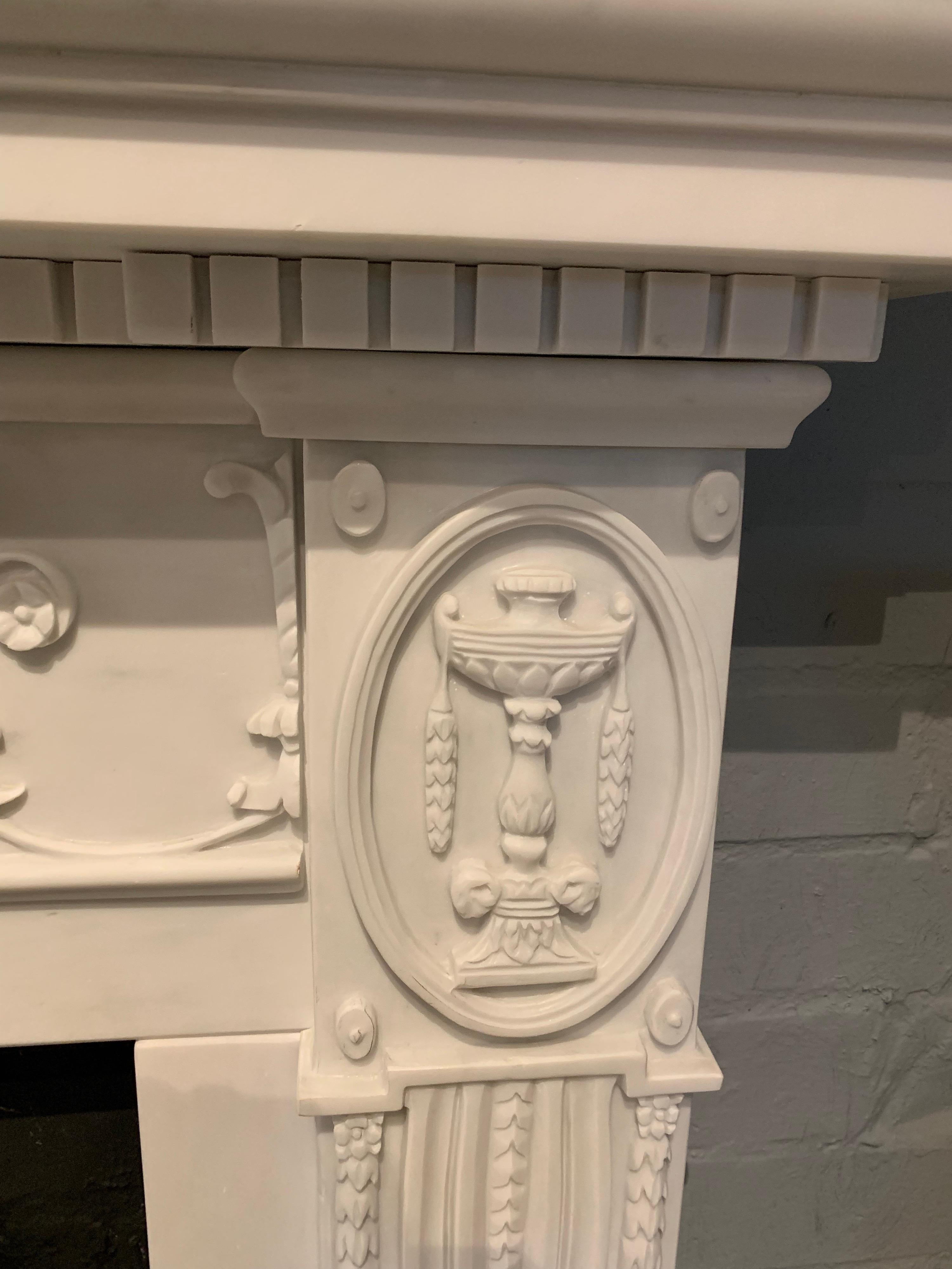 Hand-Carved 20th Century Adam Style Statuary Marble Mantelpiece For Sale