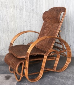 20th Century Adjustable Bentwood and Rattan Chaise Longue  with Ottoman Inserted