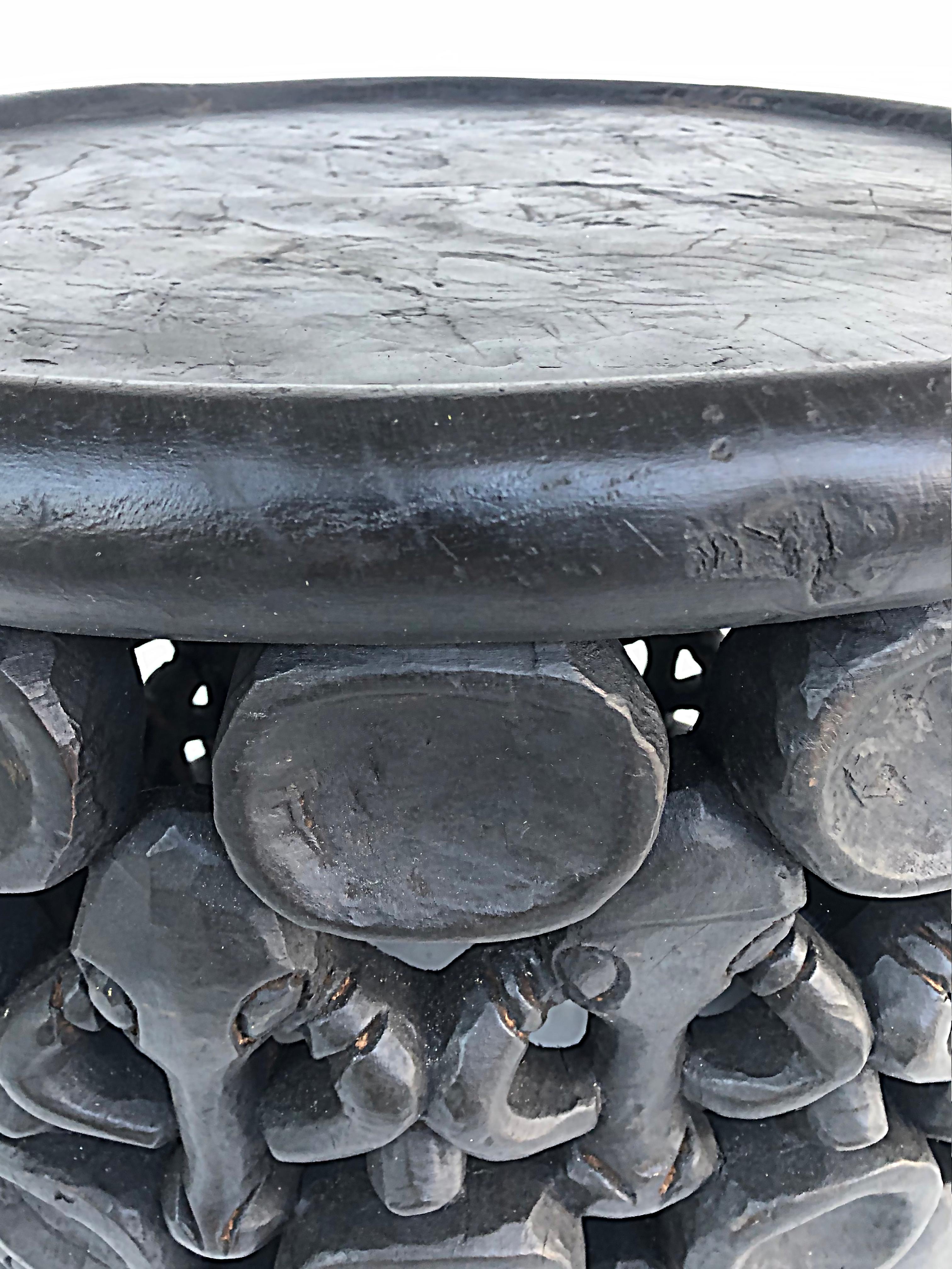 Wood Modern African Bamileke Table/Stool with Elephants