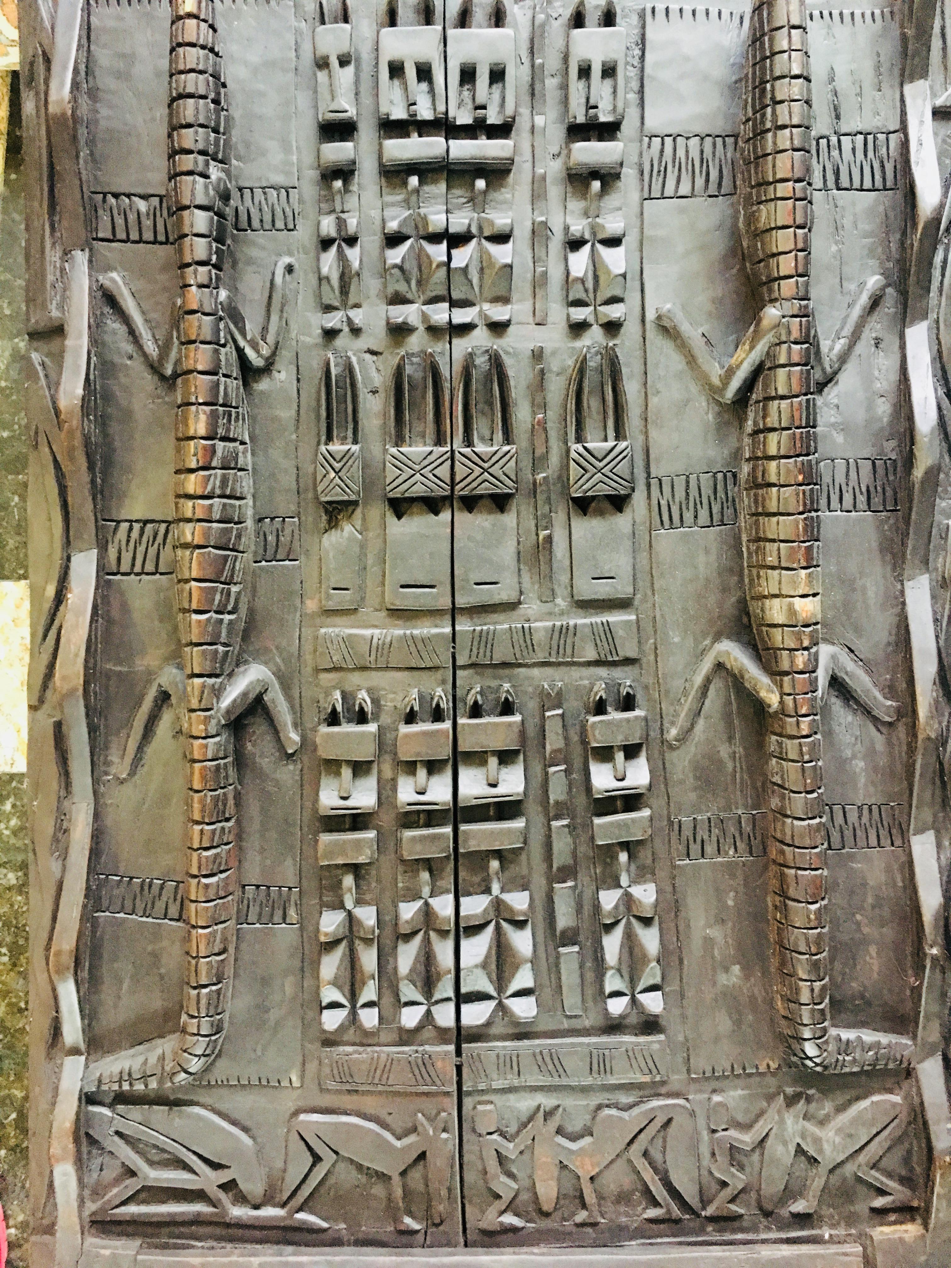 20th Century African Carved Wood Door with Crocodiles and Symbols 3