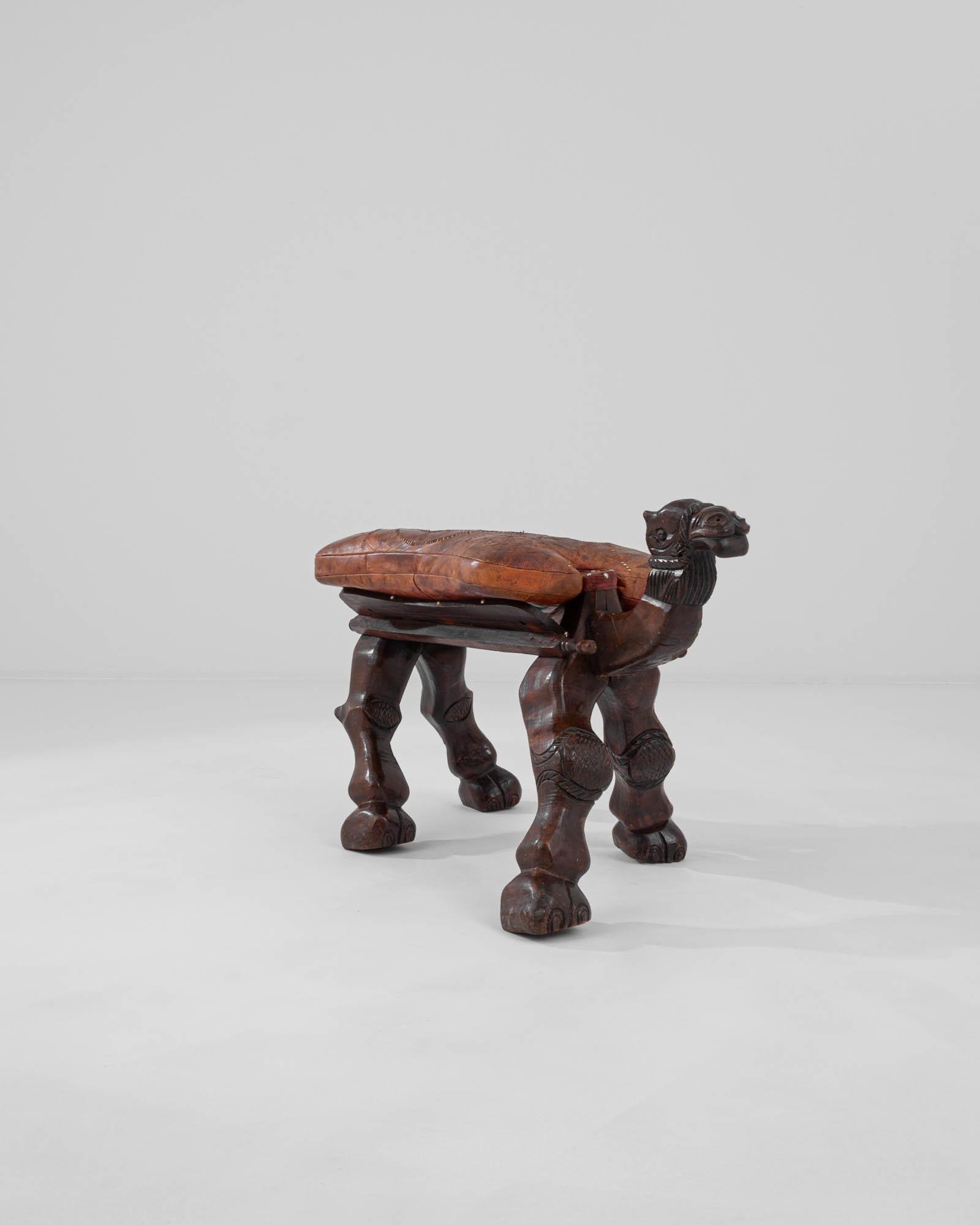 20th Century African Wooden Camel Stool with Leather Seat In Good Condition In High Point, NC