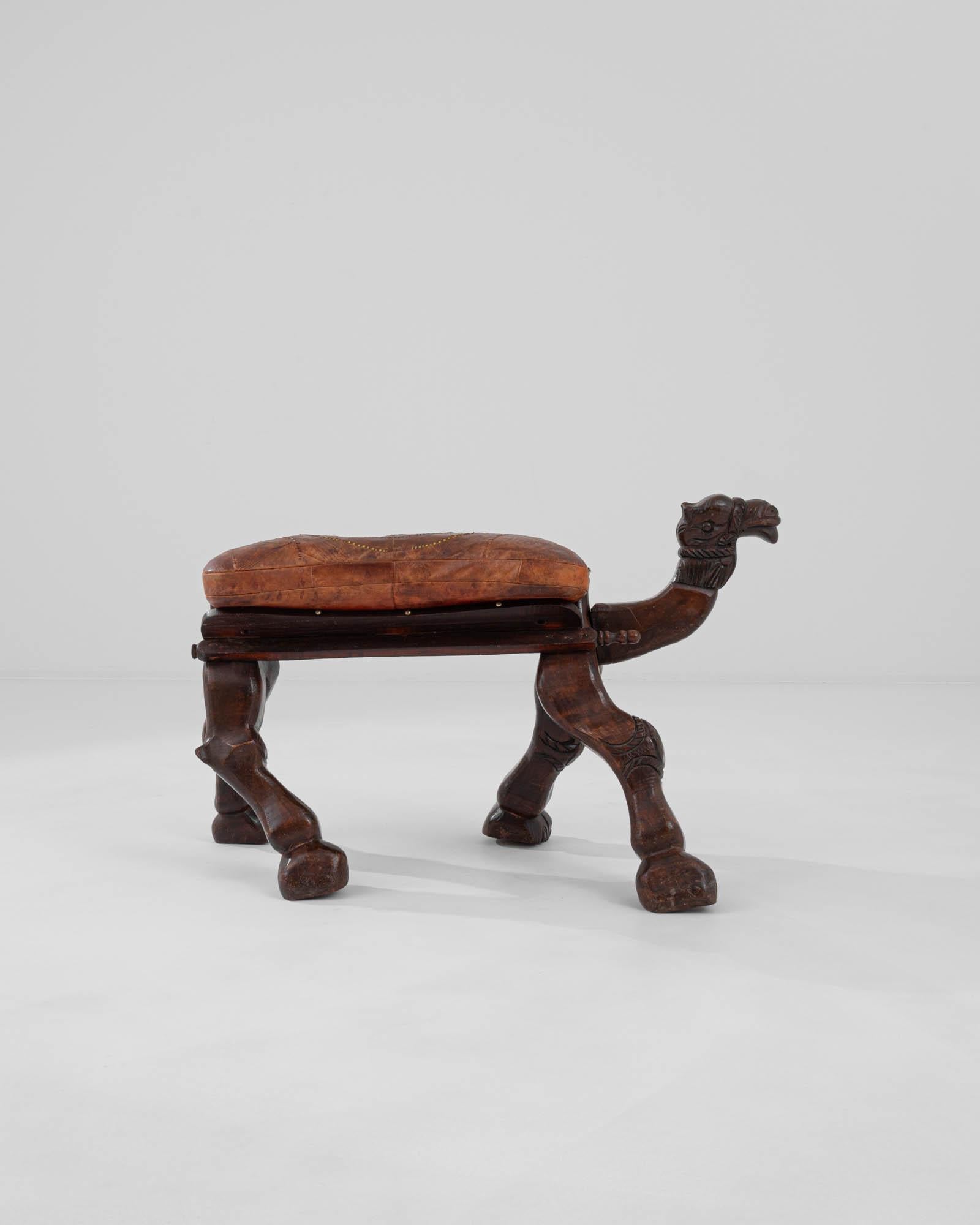 20th Century African Wooden Camel Stool with Leather Seat 1
